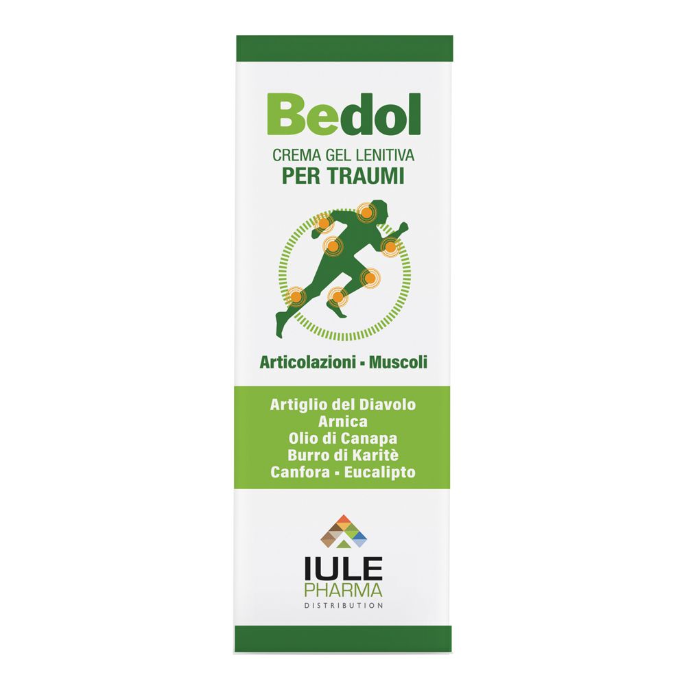 Confezione Bedol. Crema Gel Lenitiva Per Traumi. Contiene Articolazioni - Muscoli e ingredienti. Logo IULE Pharma.