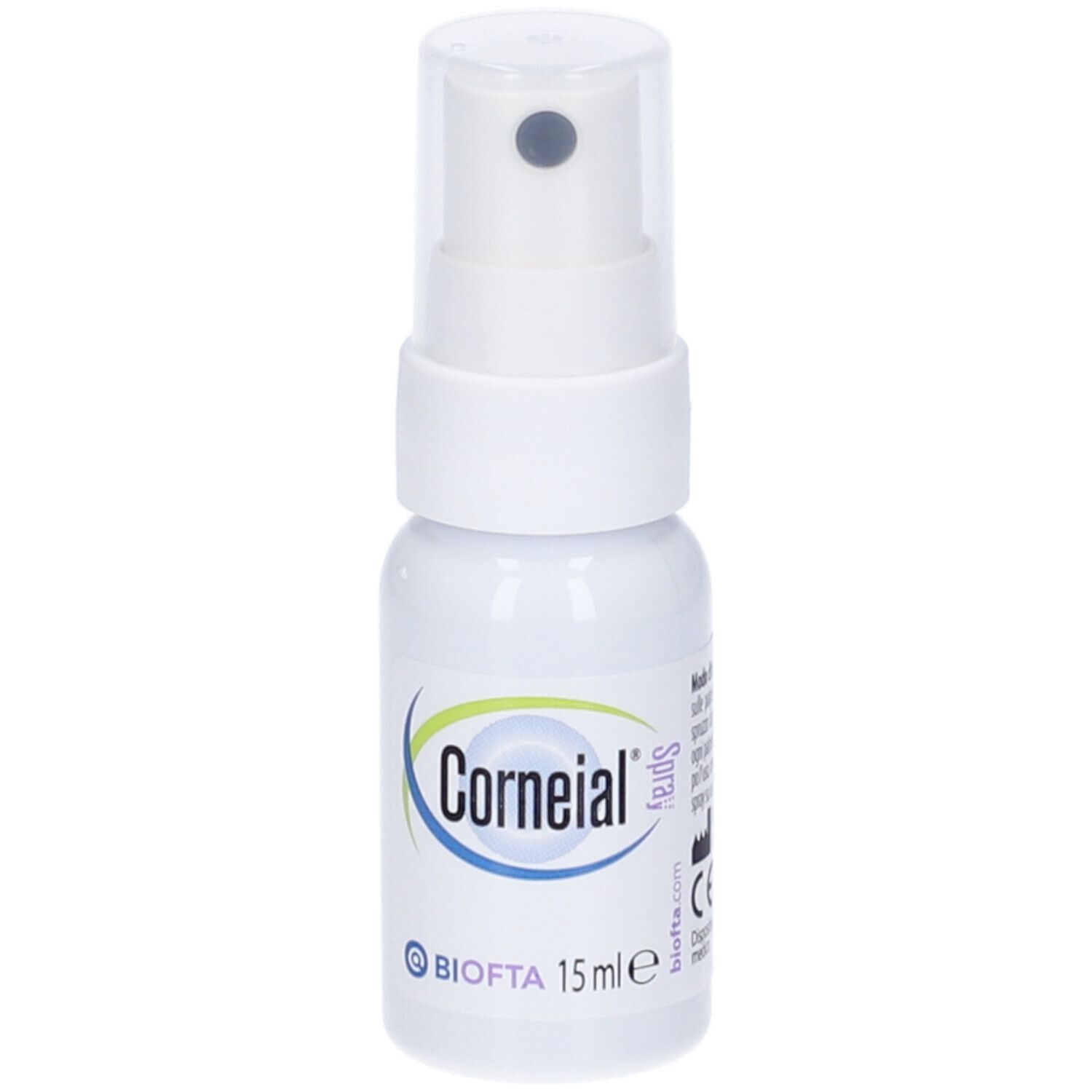 Weiße Sprühflasche mit durchsichtigem Deckel. Aufschrift "Corneial Spray" und Logo. 15 ml.