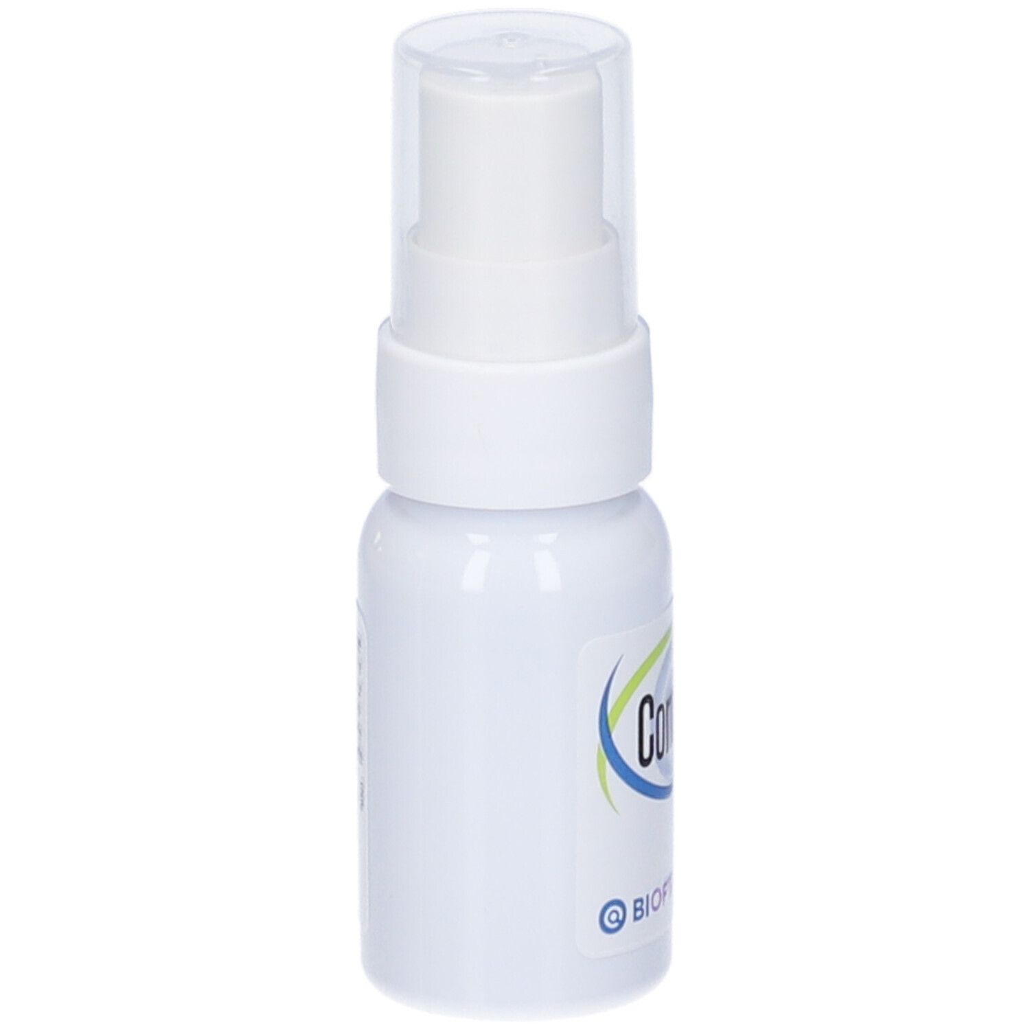 Weiße Sprühflasche mit durchsichtigem Deckel. Aufschrift "Corneial Spray" und Logo. Rückseite.