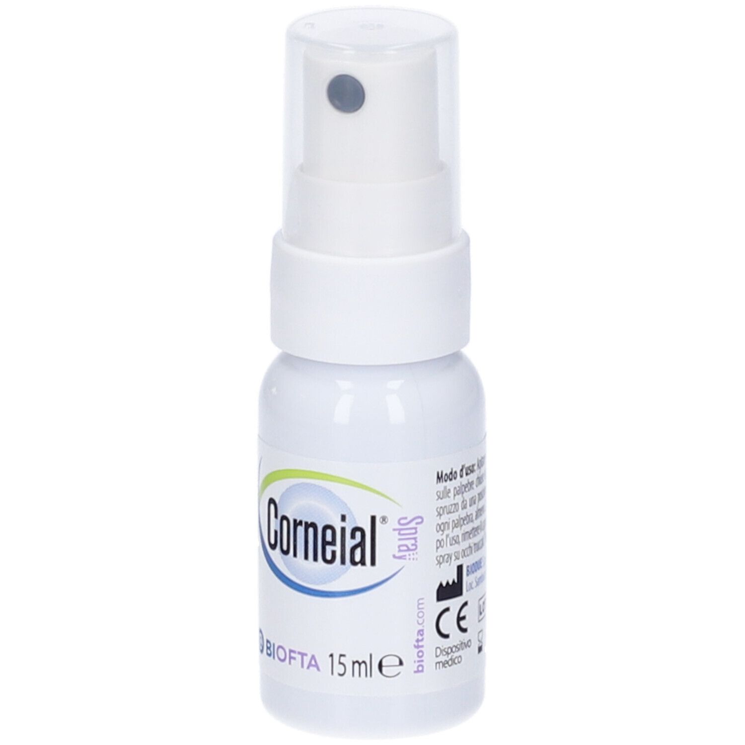 Weiße Sprühflasche mit durchsichtigem Deckel. Aufschrift "Corneial Spray" und Logo. 15 ml.