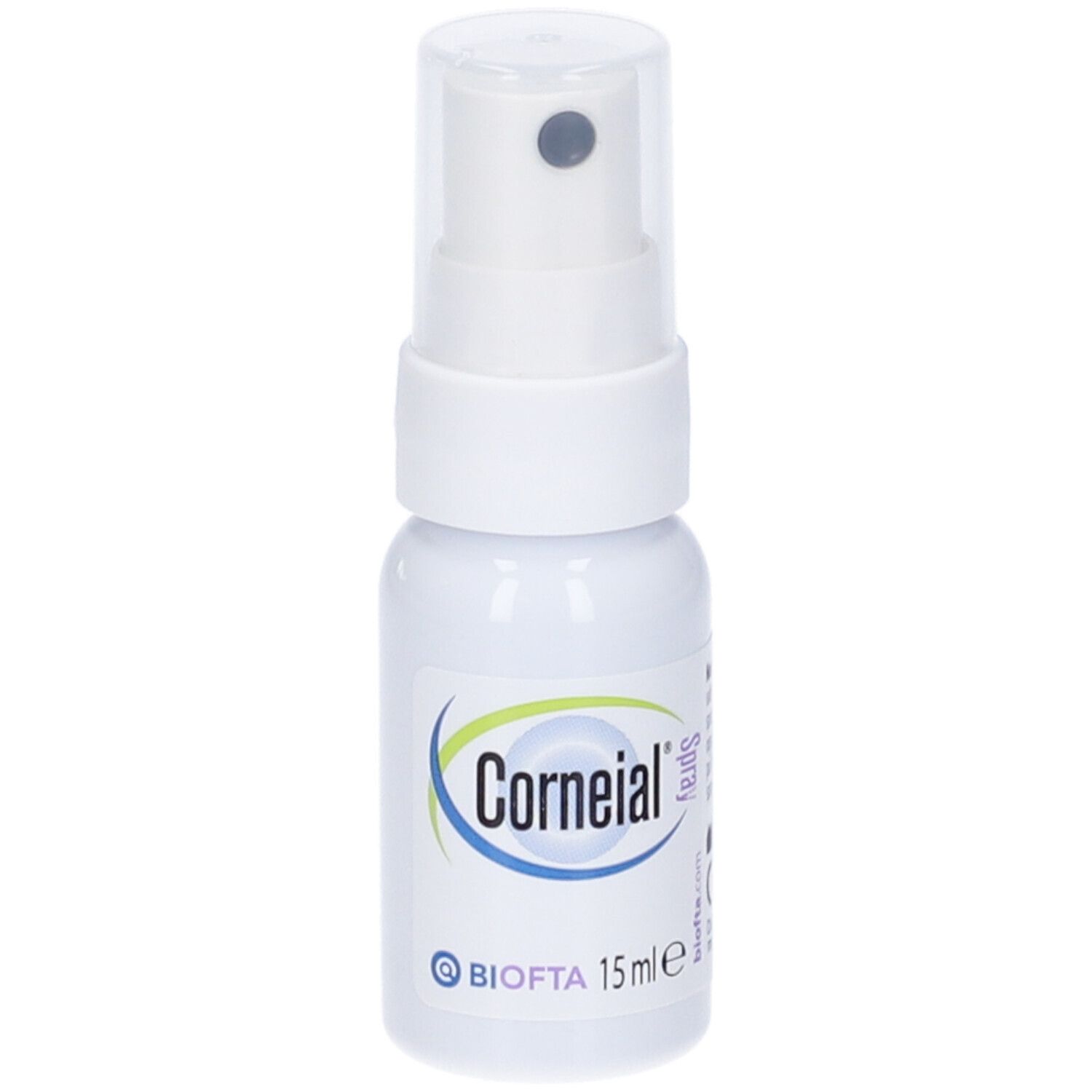 Weiße Sprühflasche mit durchsichtigem Deckel. Aufschrift "Corneial Spray" und Logo. 15 ml.
