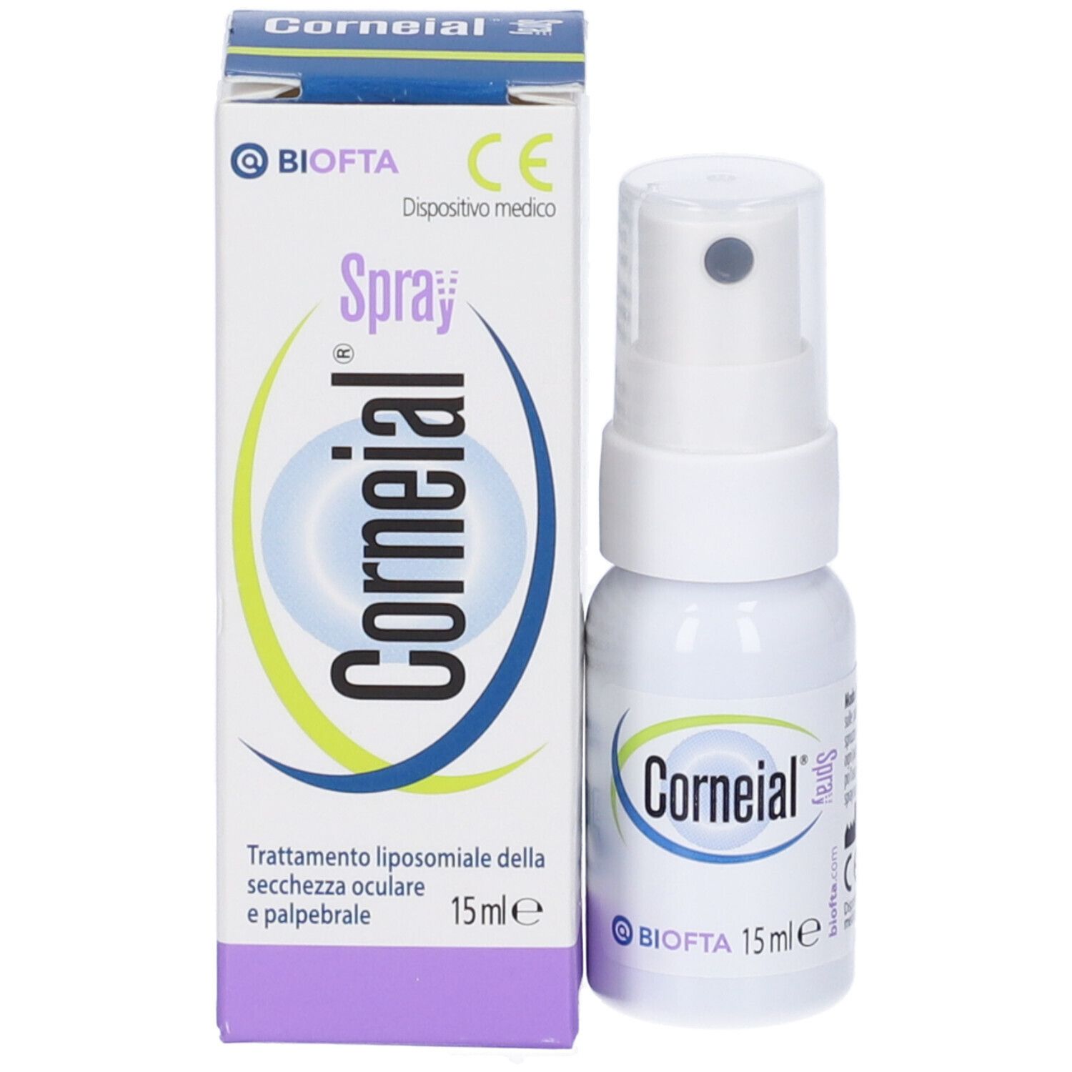 Produktverpackung mit Sprühflasche. Aufschrift "Corneial Spray" und Logo. 15 ml.