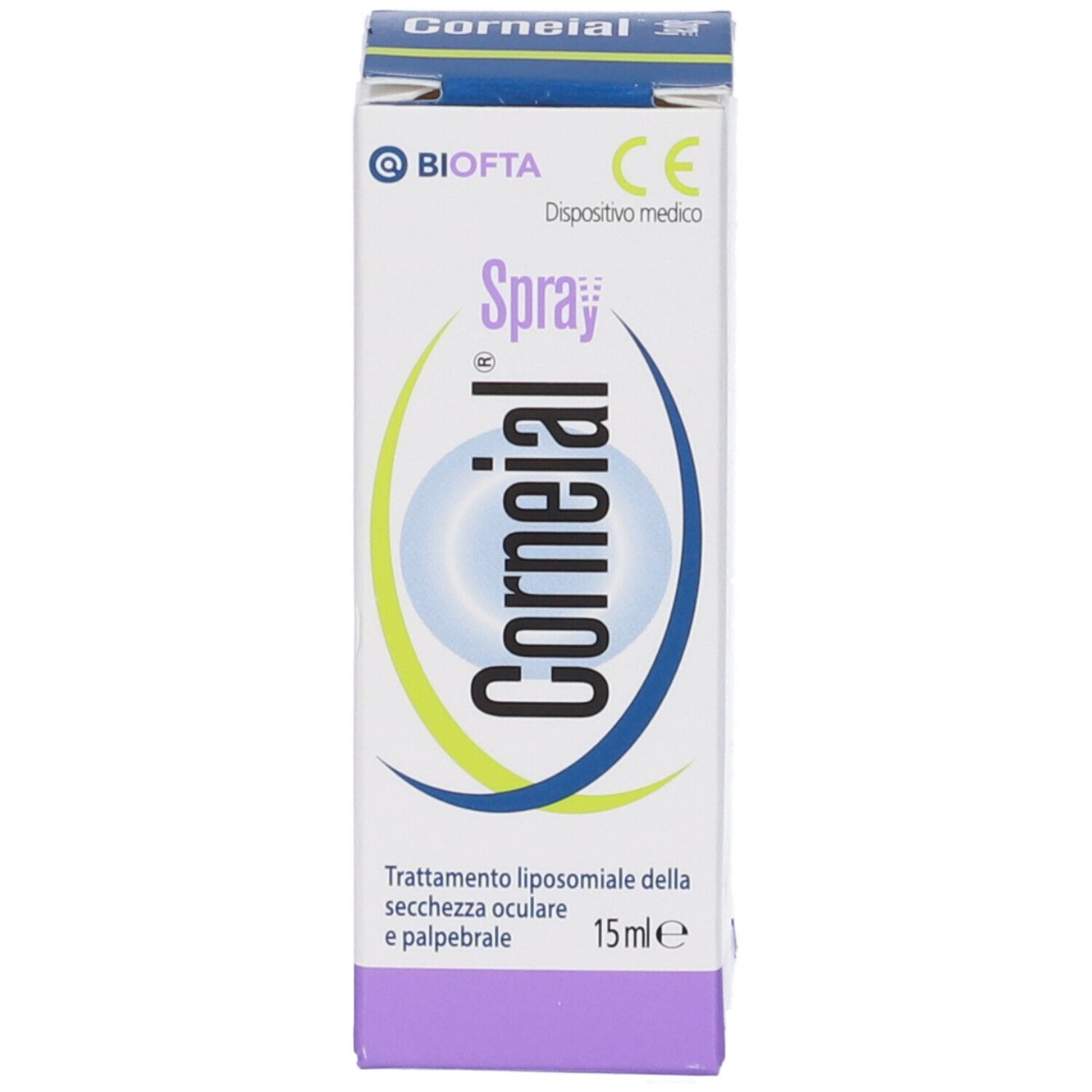 Produktverpackung mit Sprühflasche. Aufschrift "Corneial Spray" und Logo. 15 ml.
