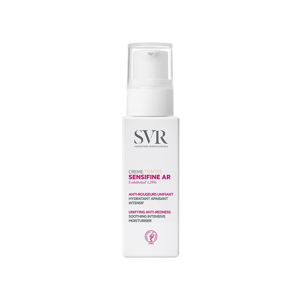 Flacone bianco con dosatore. Scritta: SVR, Crème Teintée, SENSIFINE AR. Anti-rossori, idratante.