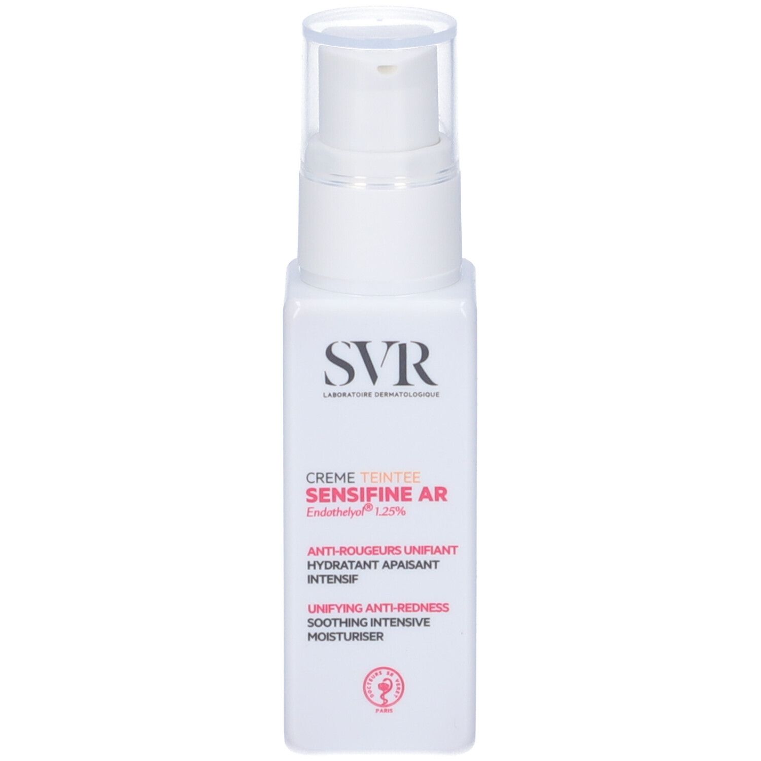 Flacone bianco con dosatore. Scritta: SVR, Crème Teintée, SENSIFINE AR. Anti-rossori, idratante.