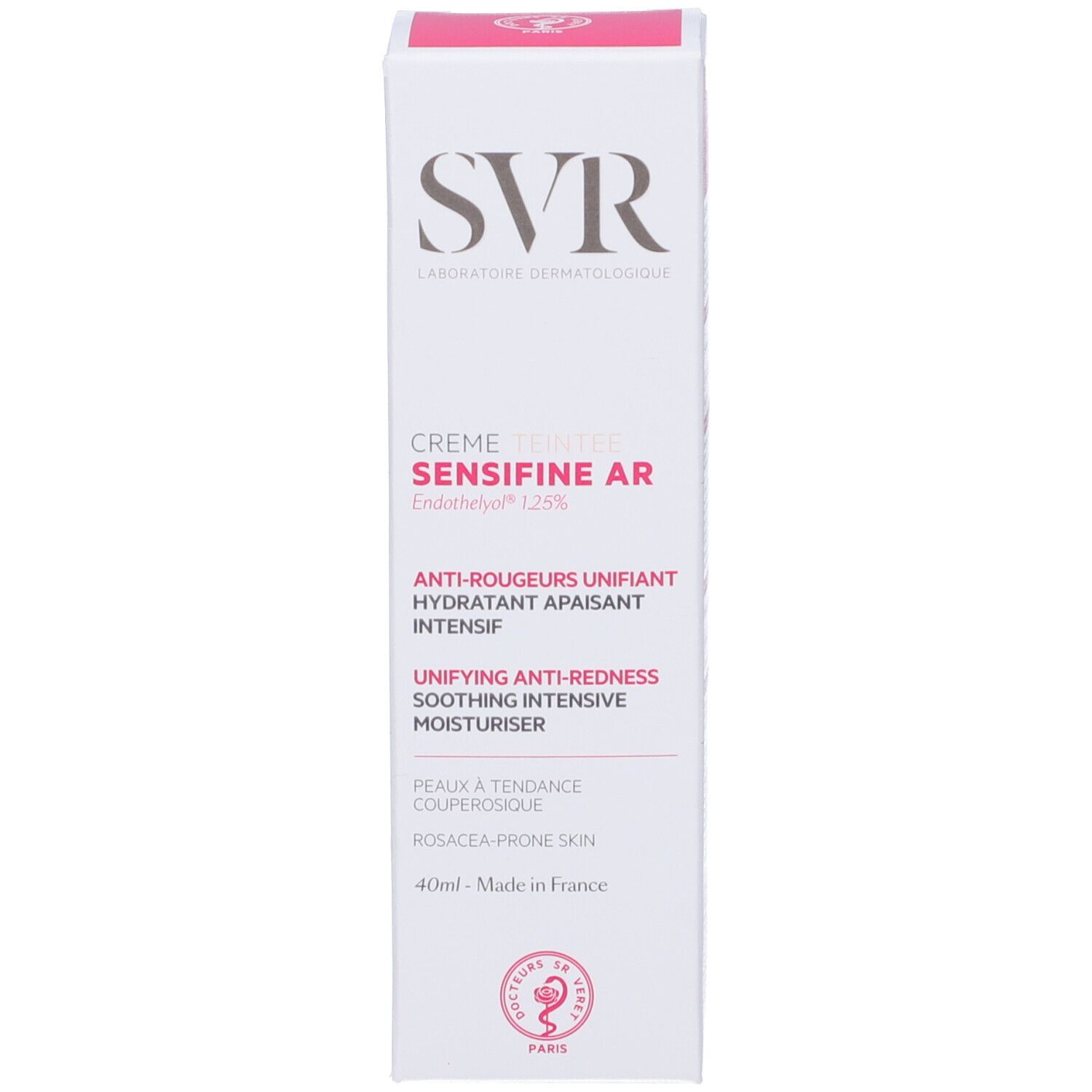 Scatola bianca con coperchio rosa. Scritta: SVR, Crème Teintée, SENSIFINE AR. Anti-rossori, idratante.