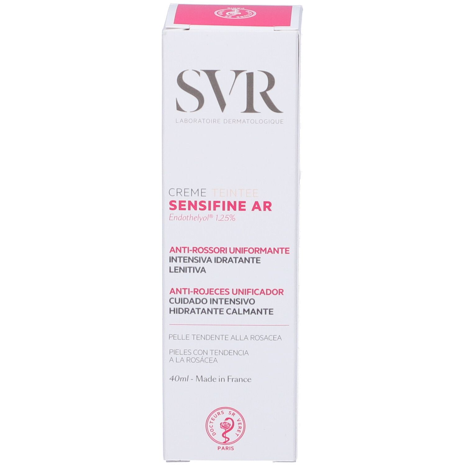 Scatola bianca con coperchio rosa. Scritta: SVR, Crème Teintée, SENSIFINE AR. Anti-rossori, idratante.