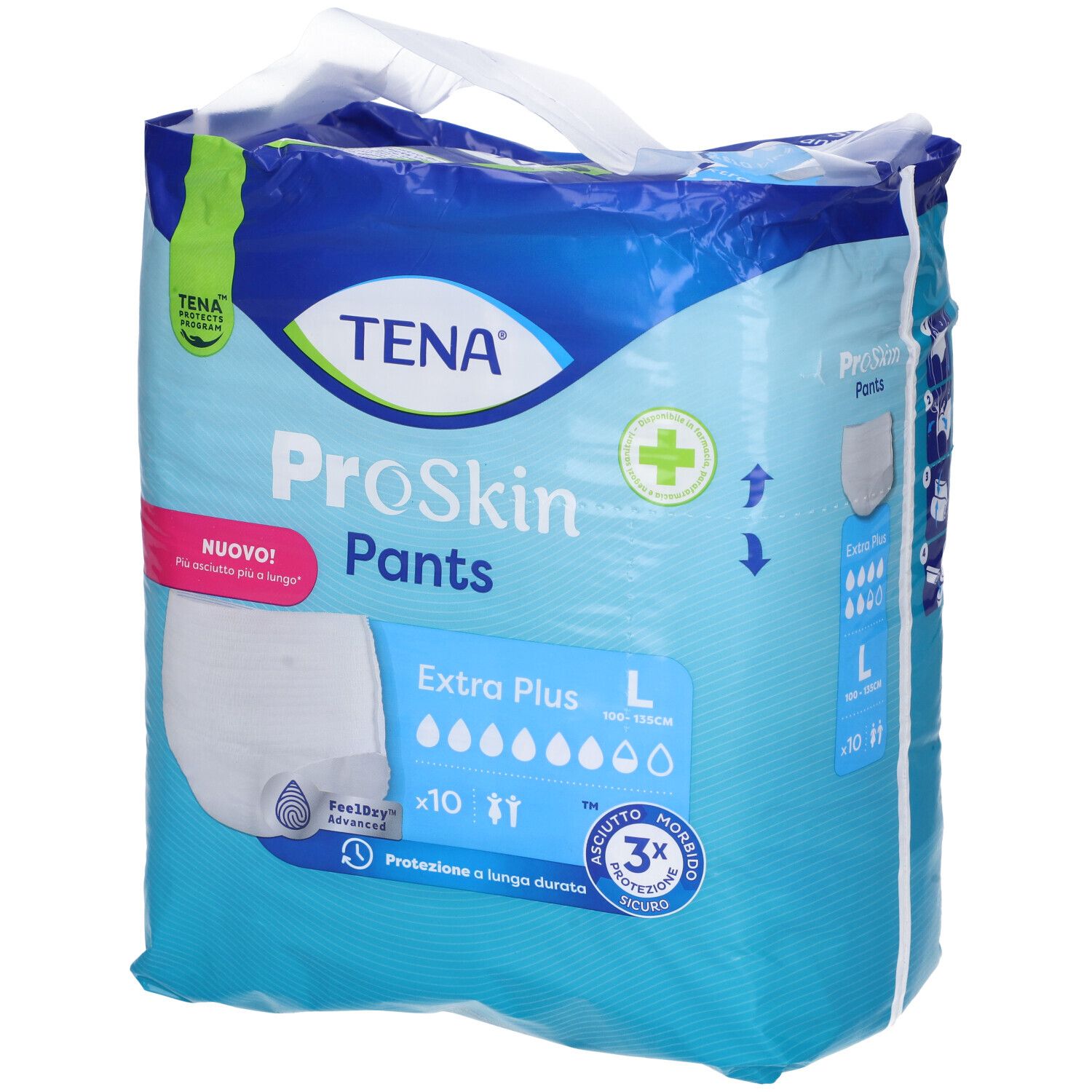 TENA ProSkin Pants Extra Plus, taglia L, in confezione. Scritte: 'Nuovo!', 'FeelDry Advanced', assorbenza.
