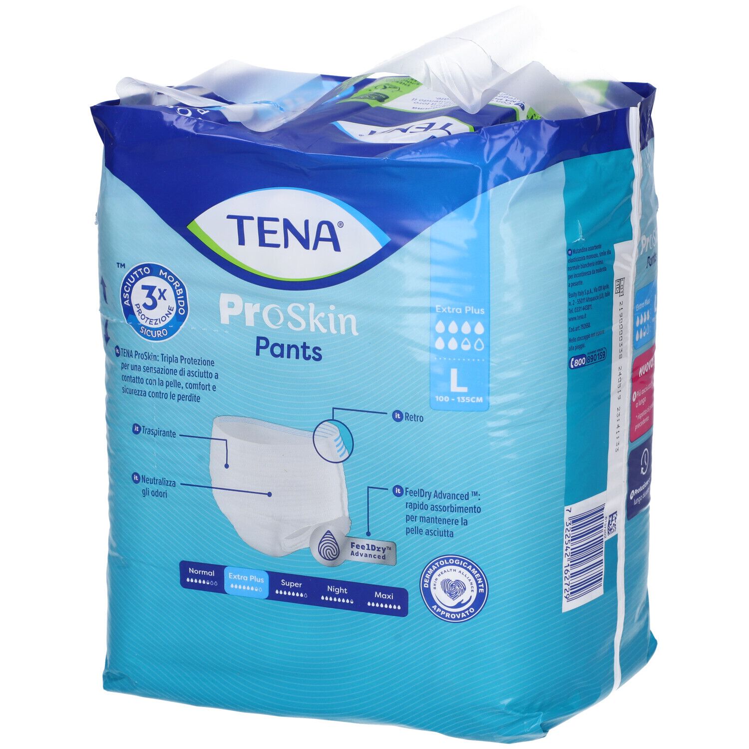 Confezione TENA ProSkin Pants Extra Plus, taglia L. Scritte: '3x Protezione', 'FeelDry Advanced', assorbenza.