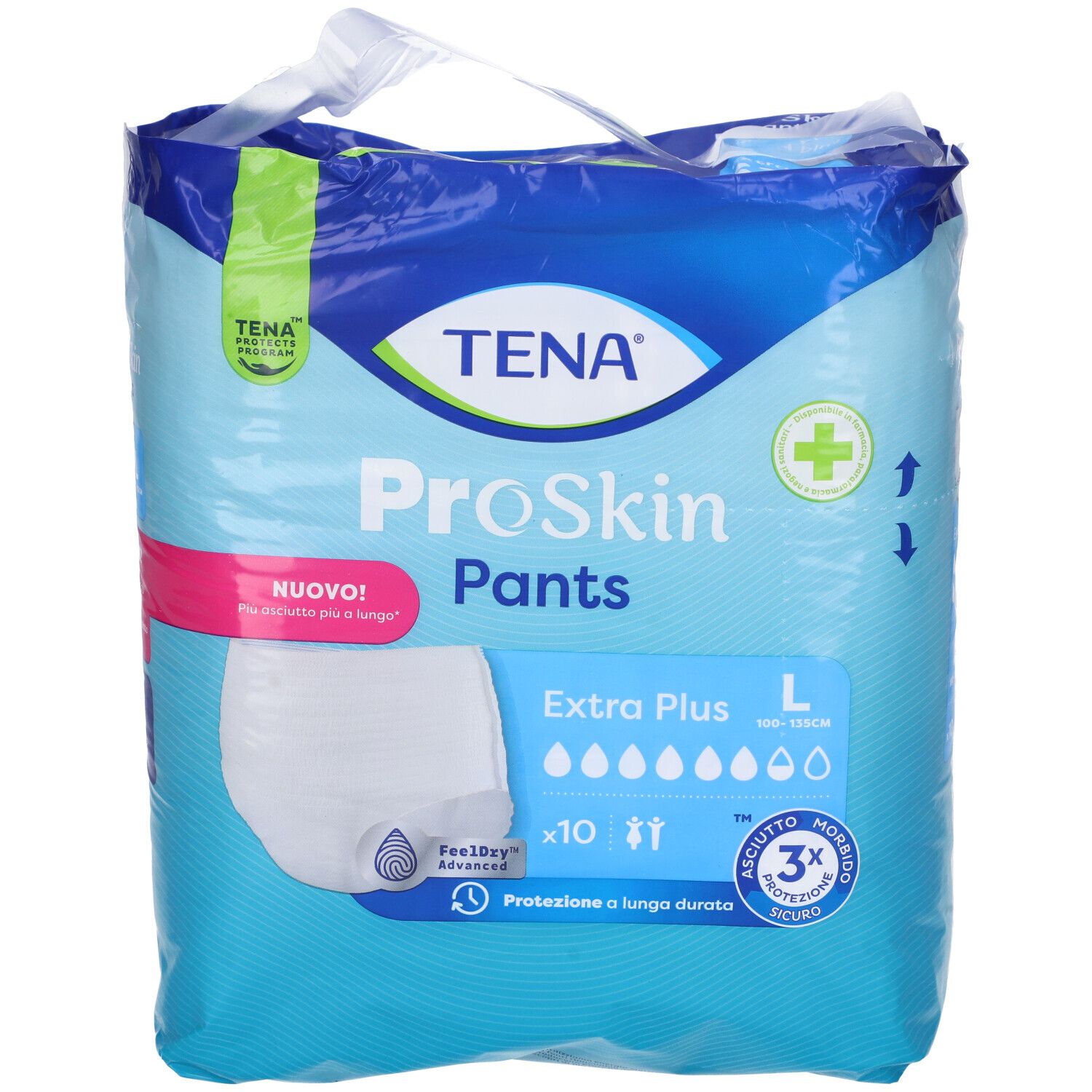 TENA ProSkin Pants Extra Plus, taglia L, in confezione. Scritte: 'Nuovo!', 'FeelDry Advanced', assorbenza.