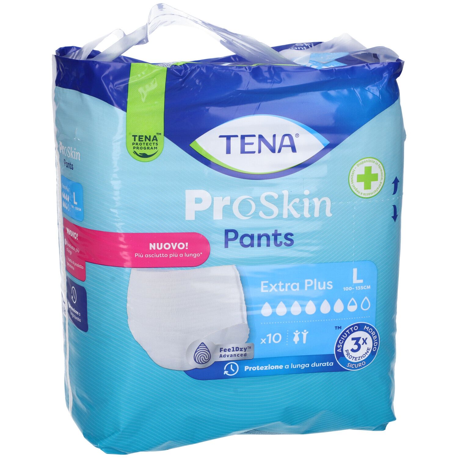 TENA ProSkin Pants Extra Plus, taglia L, in confezione. Scritte: 'Nuovo!', 'FeelDry Advanced', assorbenza.