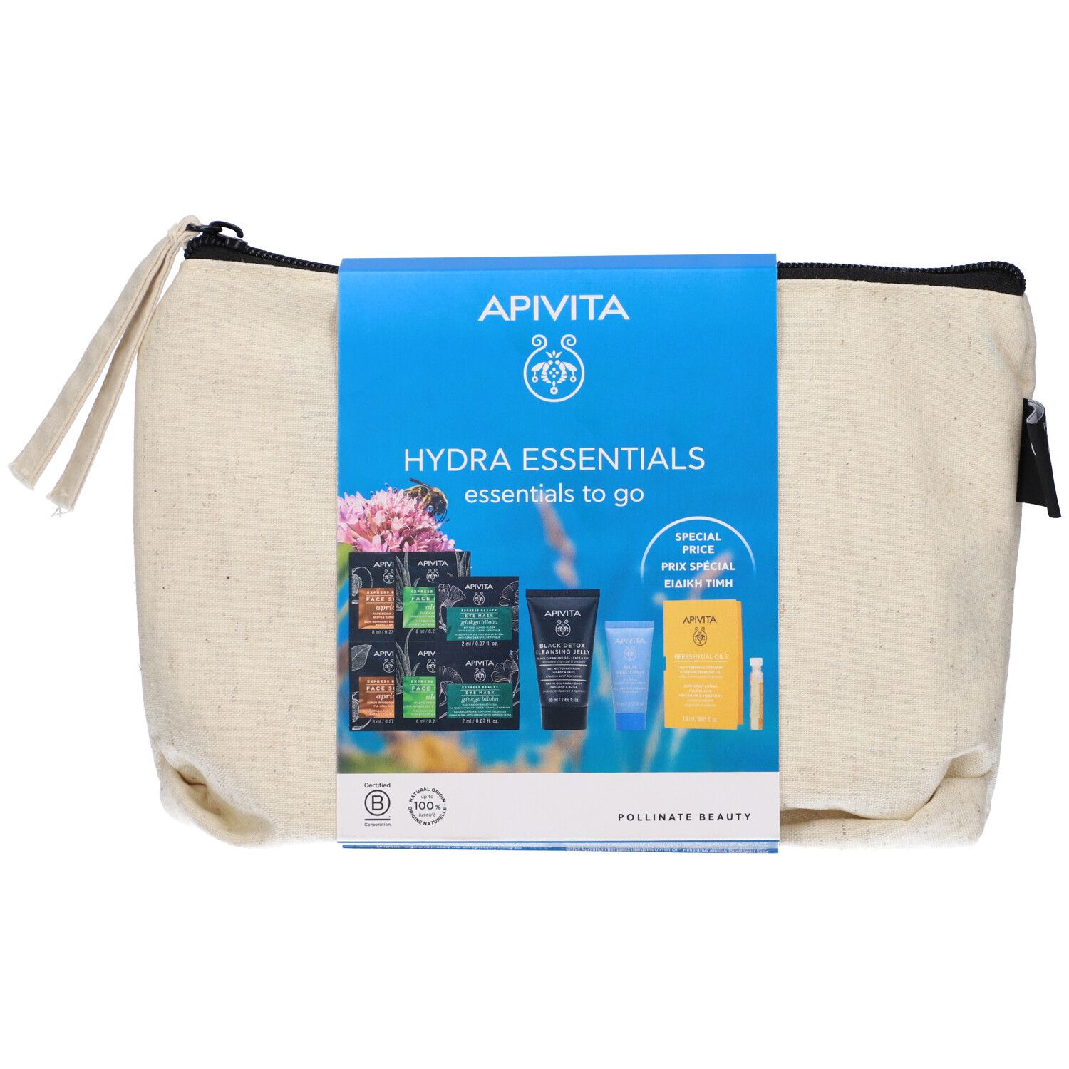 Pochette beige con cerniera. Contiene confezioni di prodotti e tubi. Confezione blu con "Hydra Essentials".