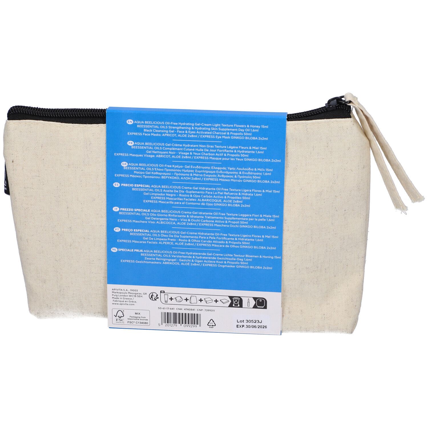 Retro della pochette. Contiene informazioni sul prodotto su un'etichetta blu. Pochette beige con cerniera.