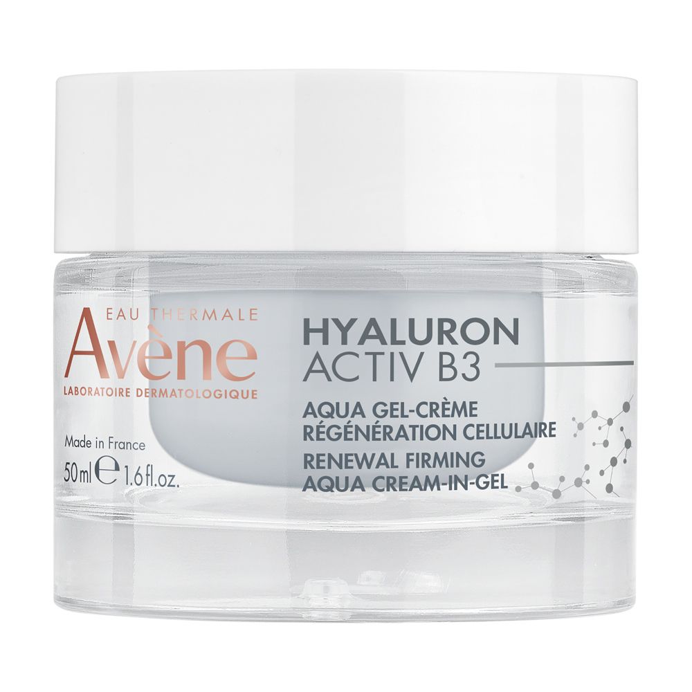 Vaso di crema con coperchio bianco. Scritta: Eau Thermale Avène, Hyaluron Activ B3. Aqua-Gel-Crema.