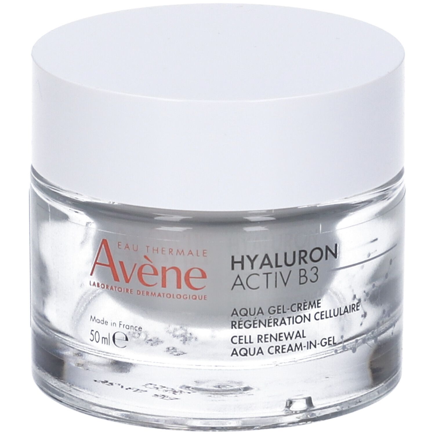Vaso di crema con coperchio bianco. Scritta: Eau Thermale Avène, Hyaluron Activ B3. Aqua-Gel-Crema.