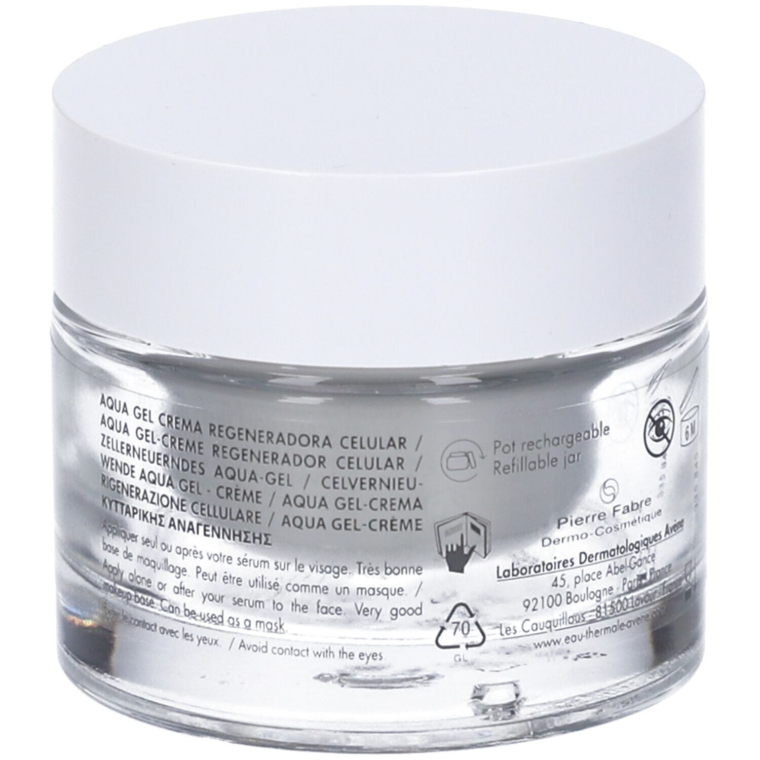 Vaso di crema con coperchio bianco. Scritta: Eau Thermale Avène, Hyaluron Activ B3. Aqua-Gel-Crema.