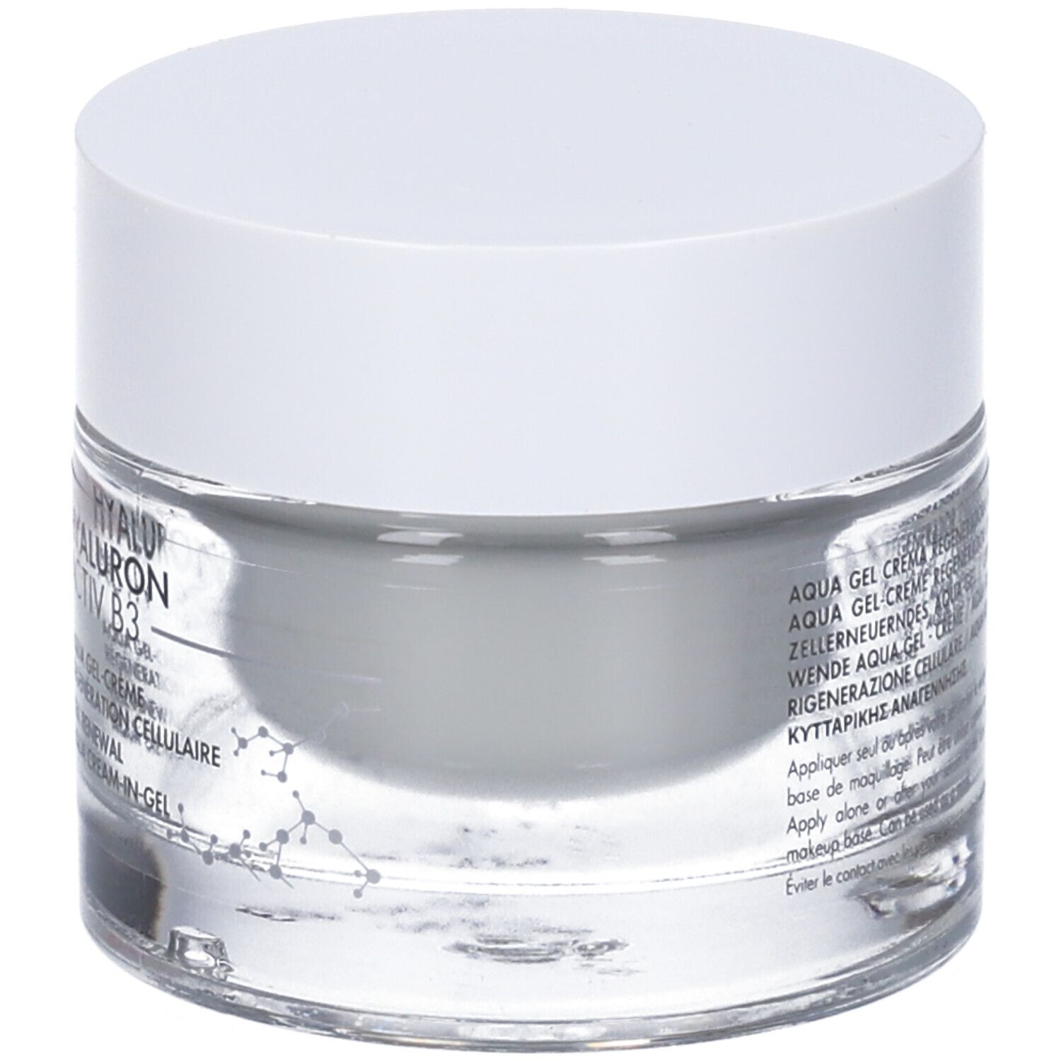 Vaso di crema con coperchio bianco. Scritta: Eau Thermale Avène, Hyaluron Activ B3. Aqua-Gel-Crema.