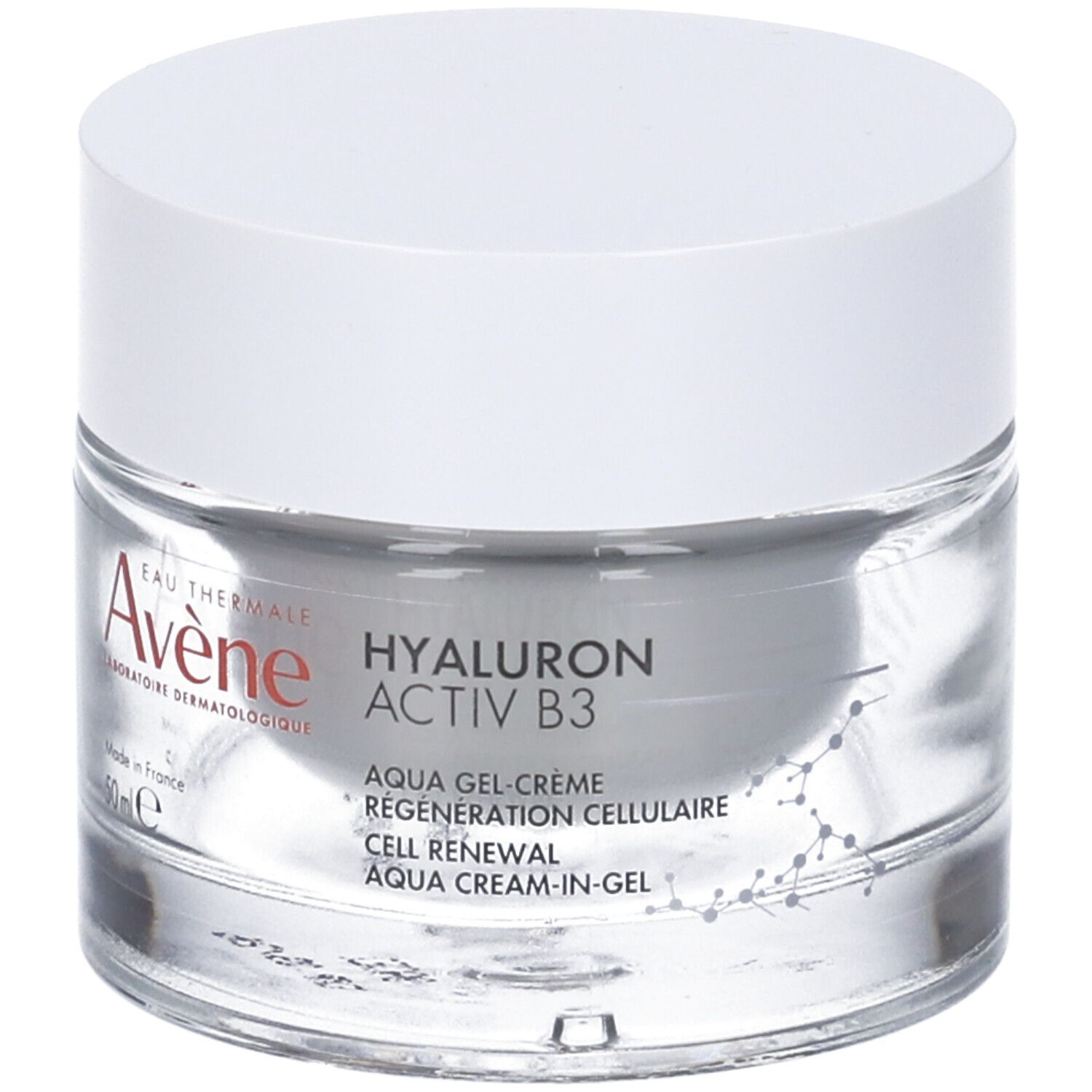 Confezione del prodotto e vaso di crema. Scatola bianca e vaso di crema. Testo: Eau Thermale Avène, Hyaluron Activ B3.