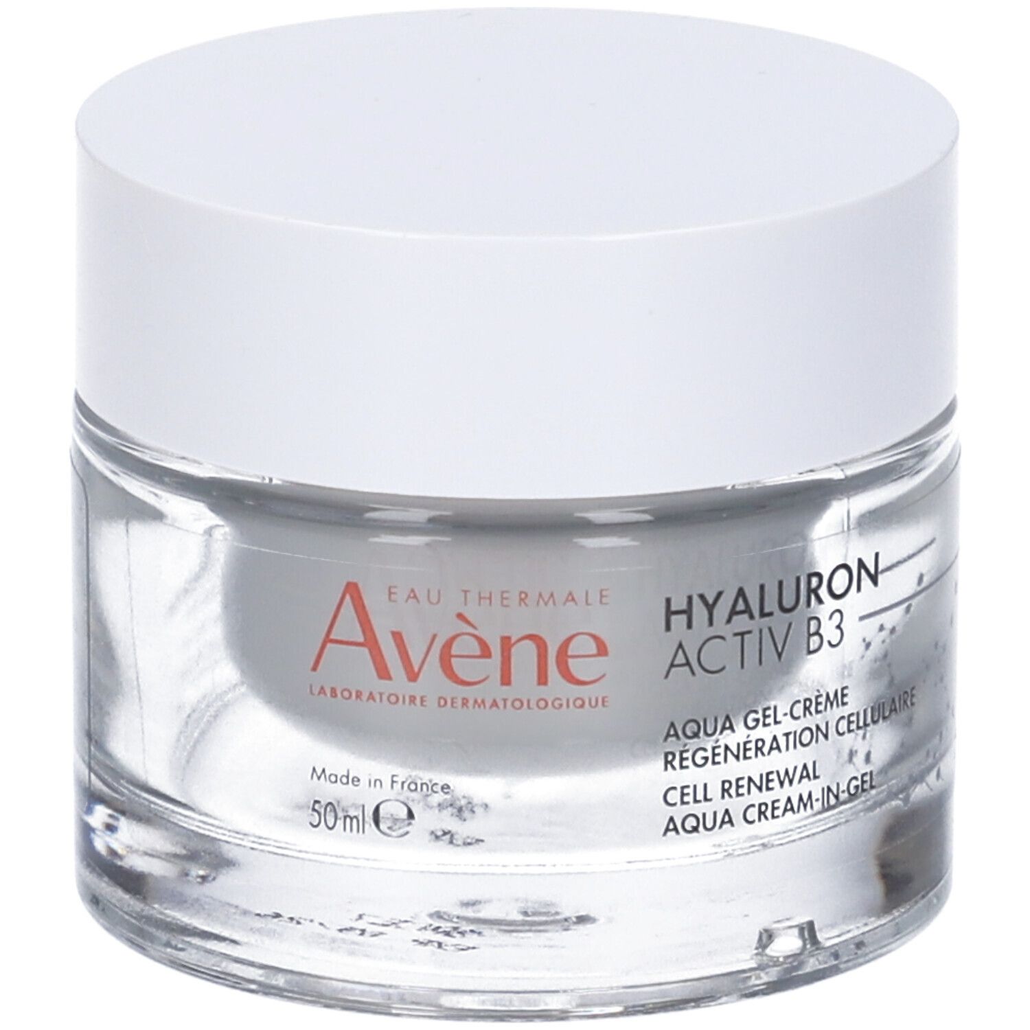 Confezione del prodotto. Scatola bianca con nome e dettagli del prodotto. Testo: Eau Thermale Avène, Hyaluron Activ B3.