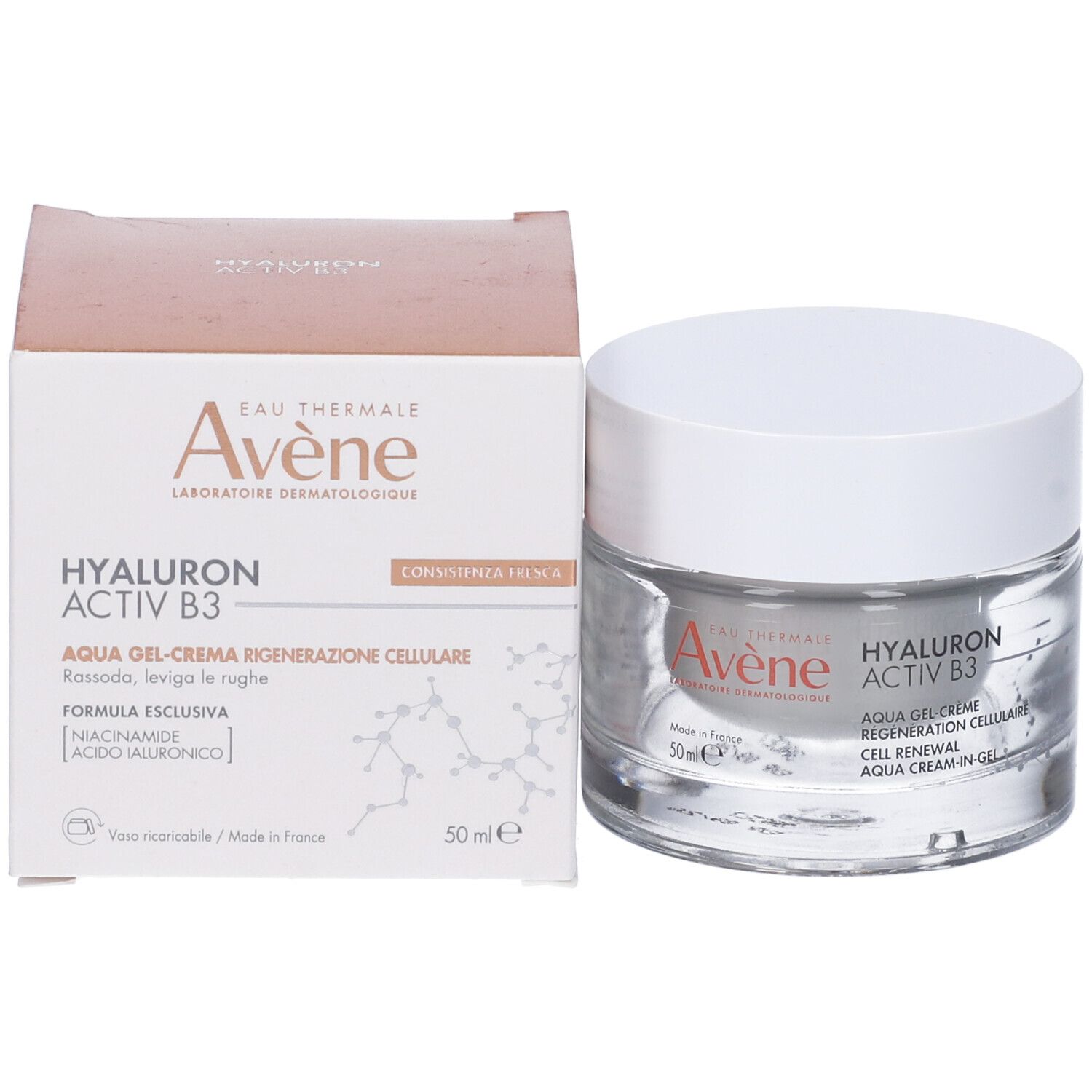 Confezione del prodotto. Scatola bianca con nome e dettagli del prodotto. Testo: Eau Thermale Avène, Hyaluron Activ B3.