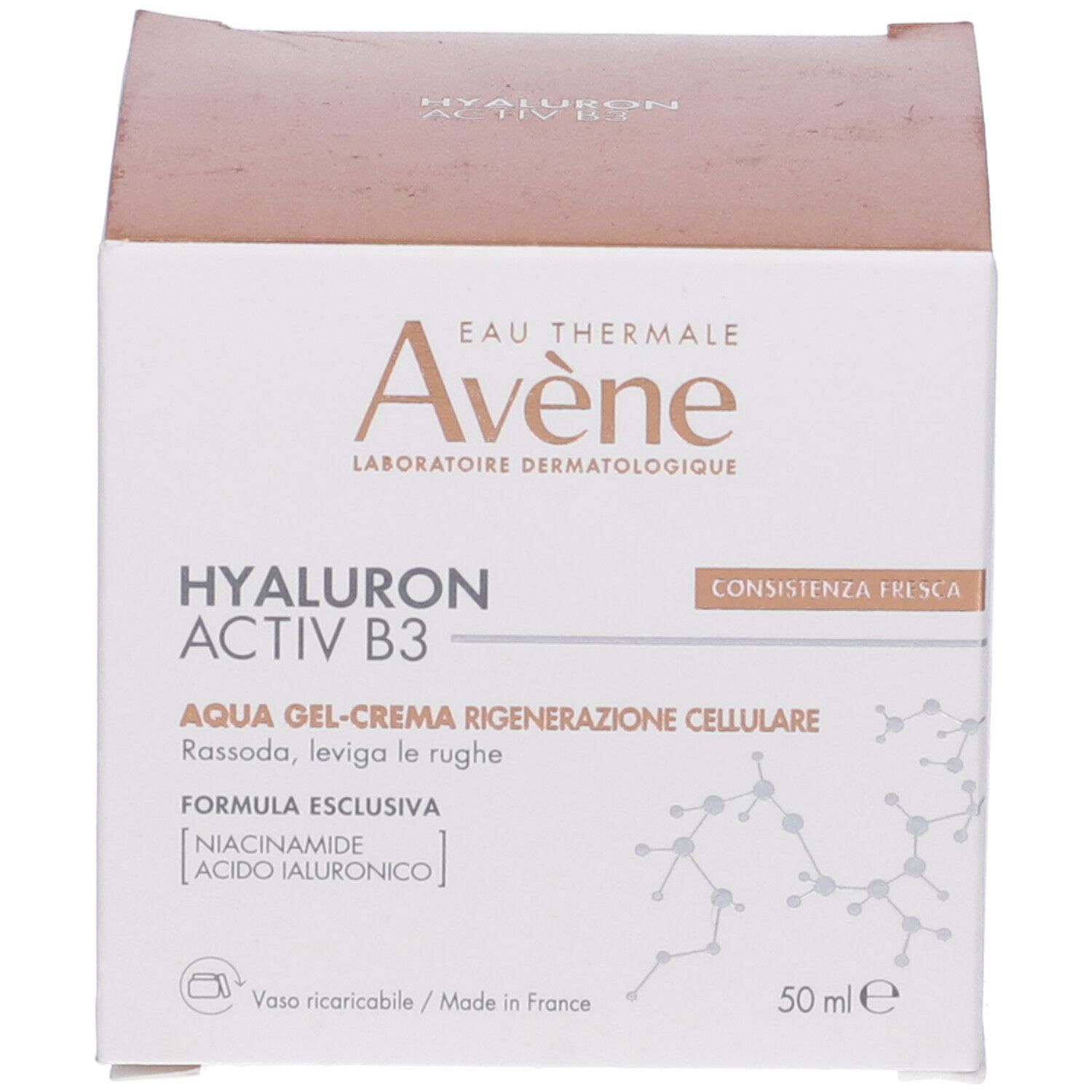 Vaso di crema con coperchio bianco. Scritta: Eau Thermale Avène, Hyaluron Activ B3. Aqua-Gel-Crema.