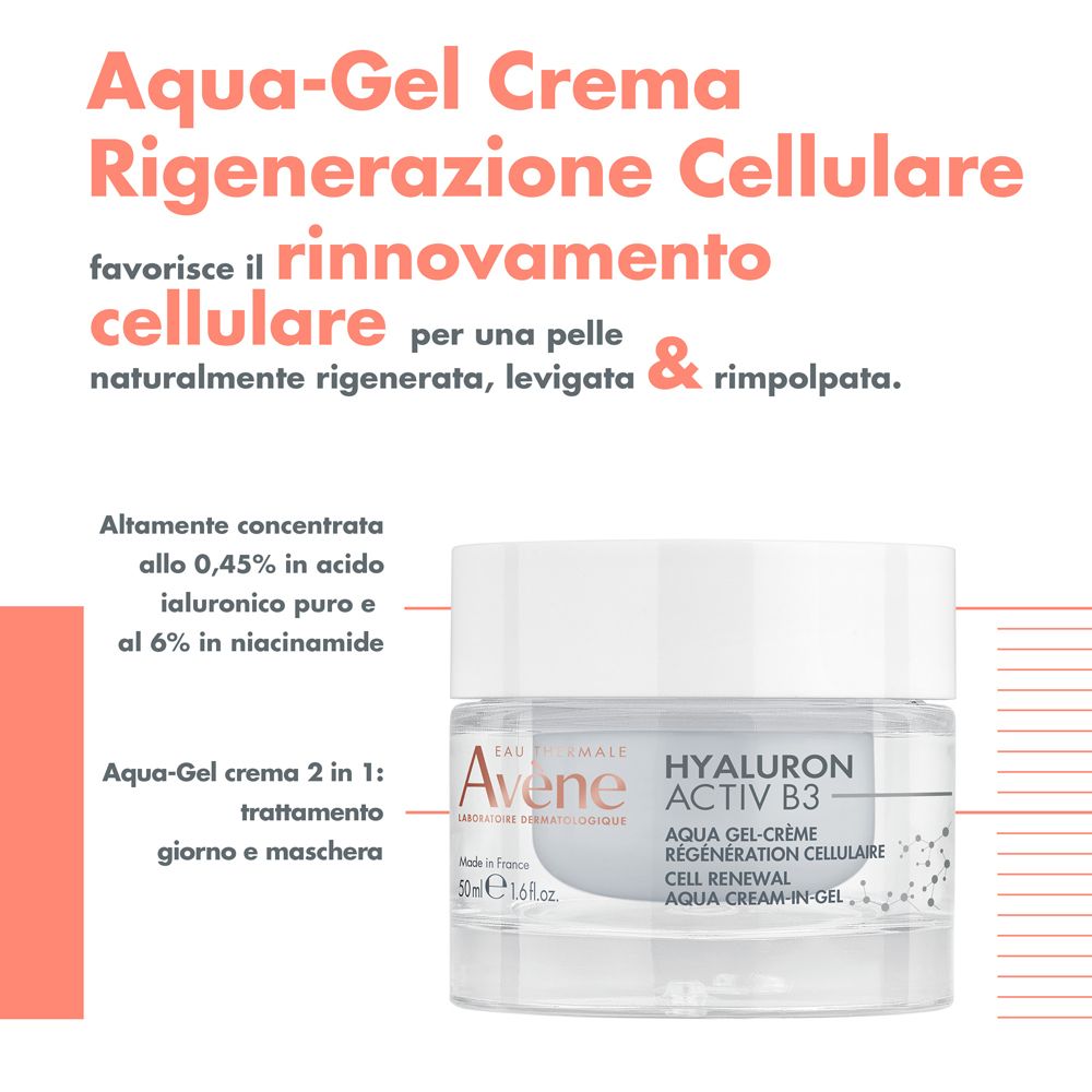 Prodotto e testo. Prodotto: vaso di crema. Testo: Aqua-Gel Crema Rigenerazione Cellulare, favorisce il rinnovamento cellulare.