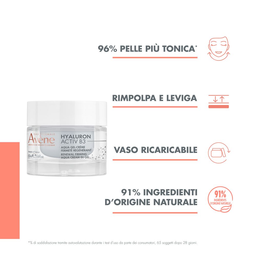 Vaso di crema con testo e grafici. Testo: 96% pelle più tonica, 91% ingredienti naturali. Vaso ricaricabile.