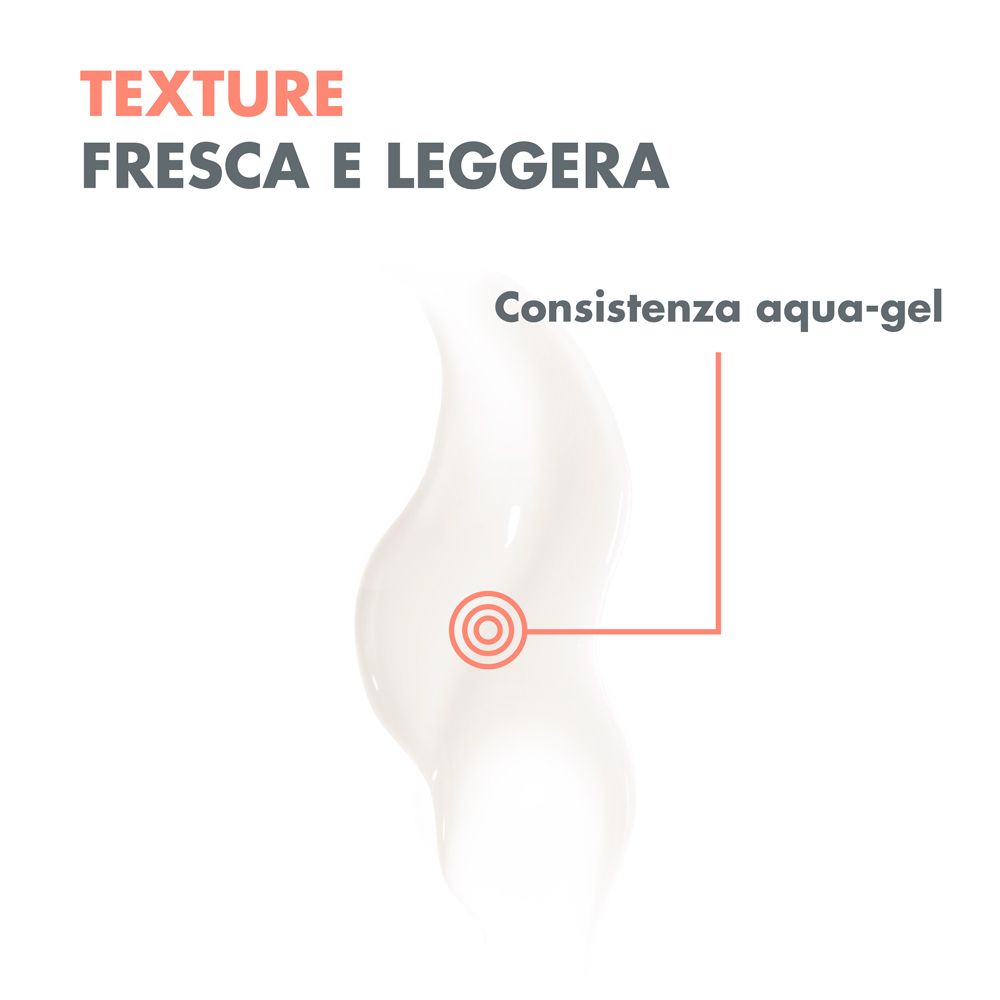 Testo e grafica. Testo: TEXTURE FRESCA E LEGGERA. Grafica: Consistenza aqua-gel.