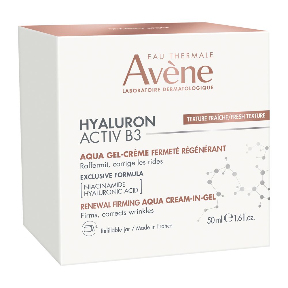 Confezione del prodotto. Scatola bianca con nome e dettagli del prodotto. Testo: Eau Thermale Avène, Hyaluron Activ B3.
