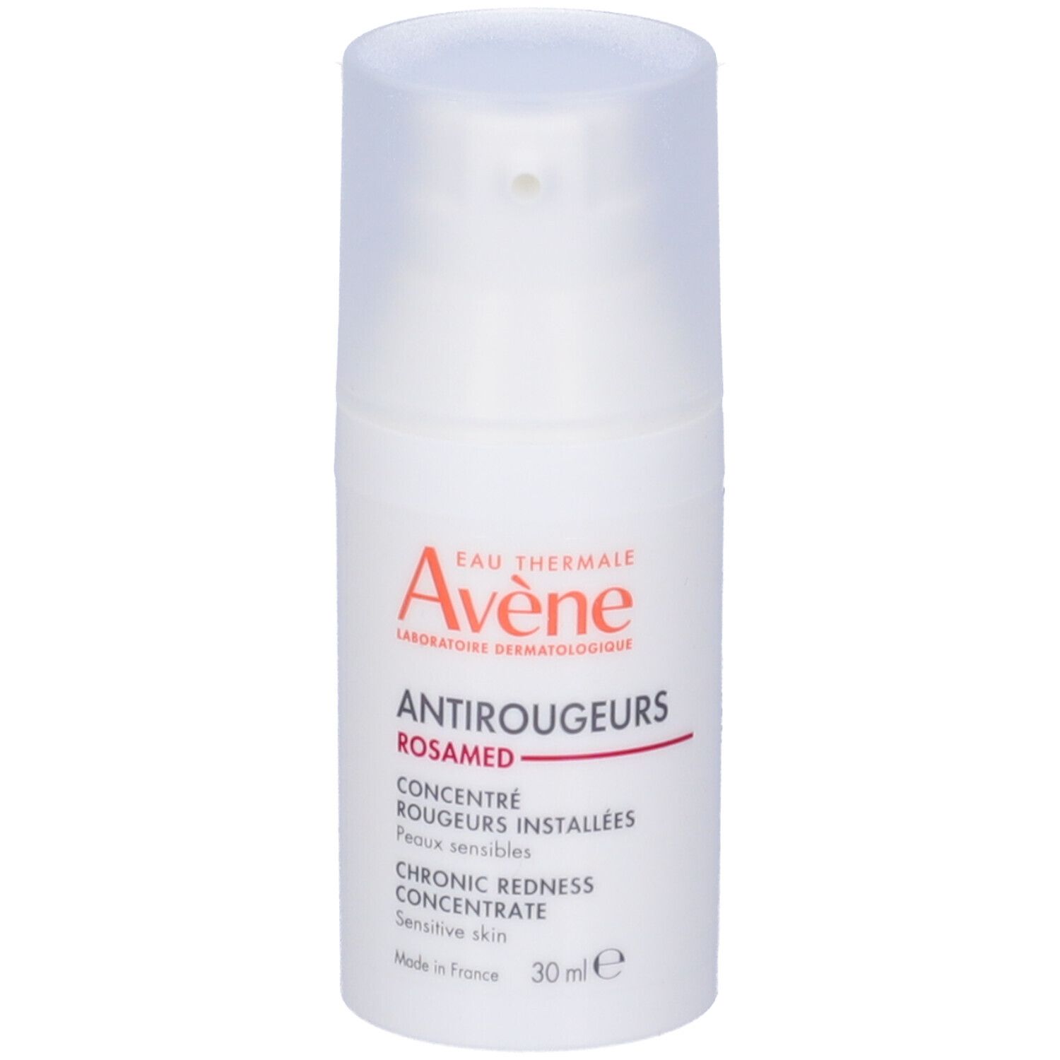 Flacone bianco con nome e marchio. 30 ml. Per pelli sensibili.