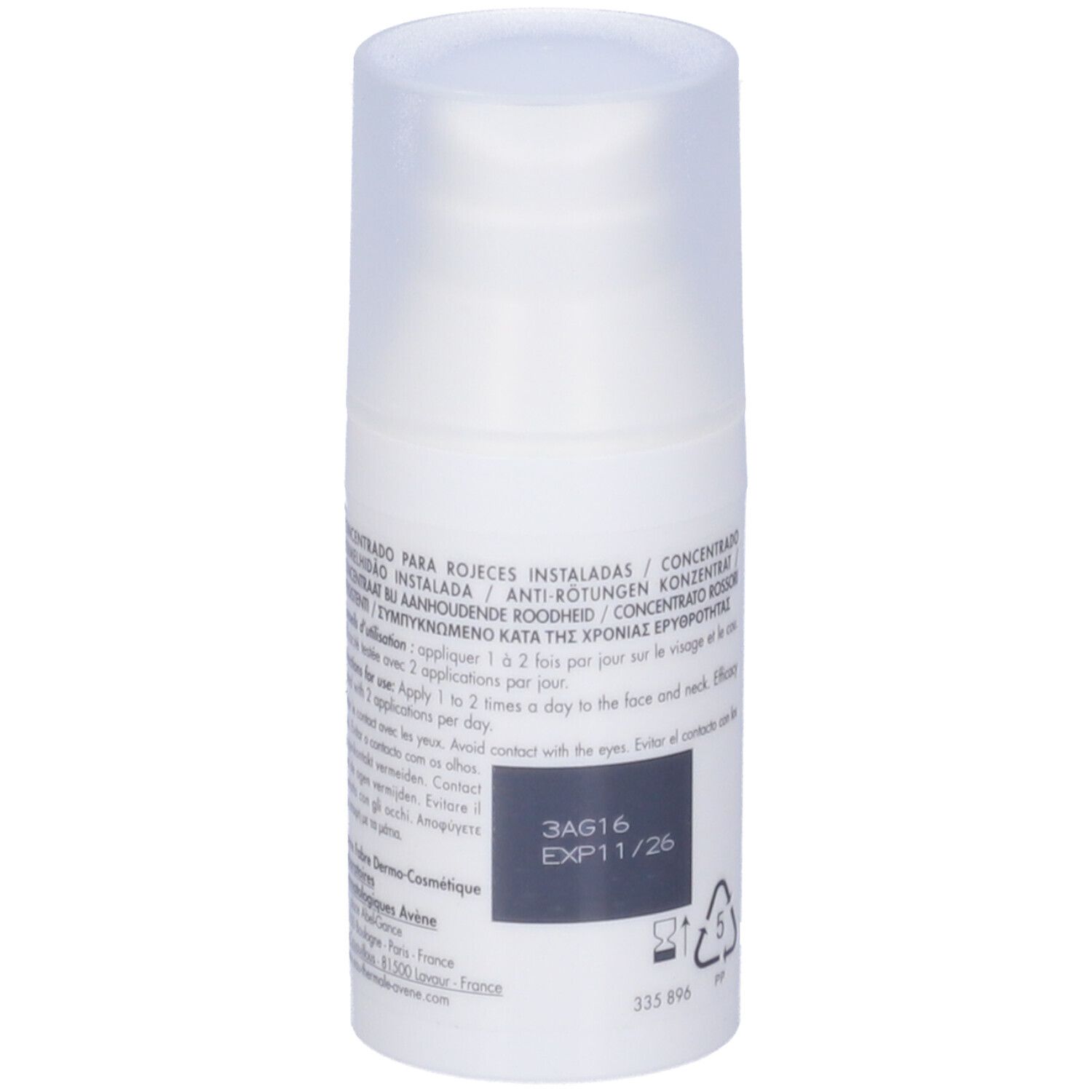 Retro del flacone. Testo multilingue. 30 ml. Prodotto in Francia.