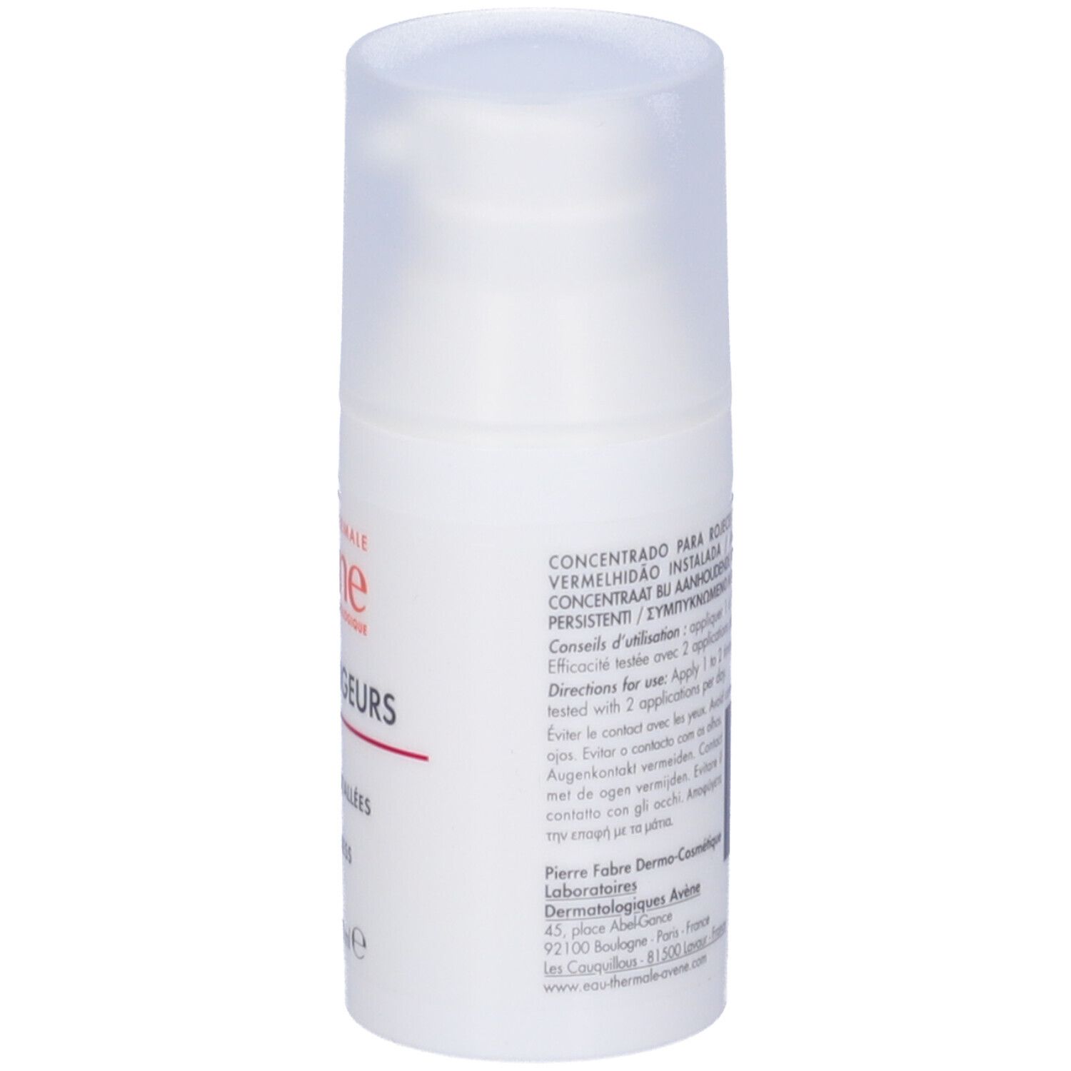 Flacone bianco con nome e marchio. 30 ml. Per pelli sensibili.