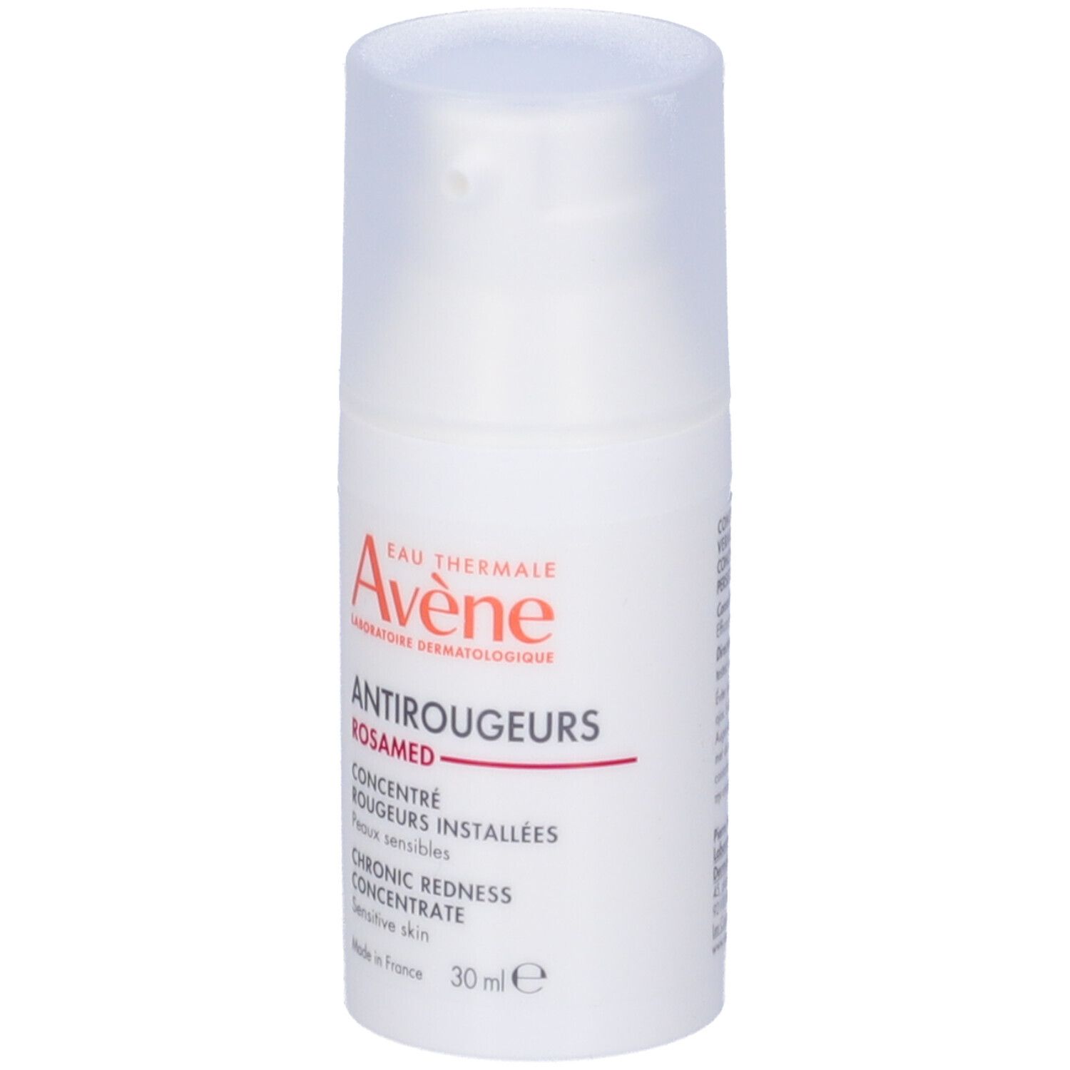 Flacone bianco con nome e marchio. 30 ml. Per pelli sensibili.