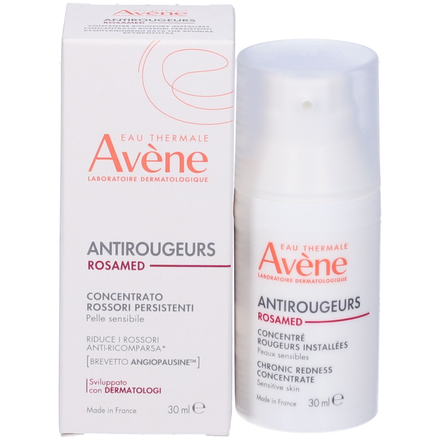 Confezione del prodotto. Marchio e nome visibili. 30 ml. Per pelli sensibili.