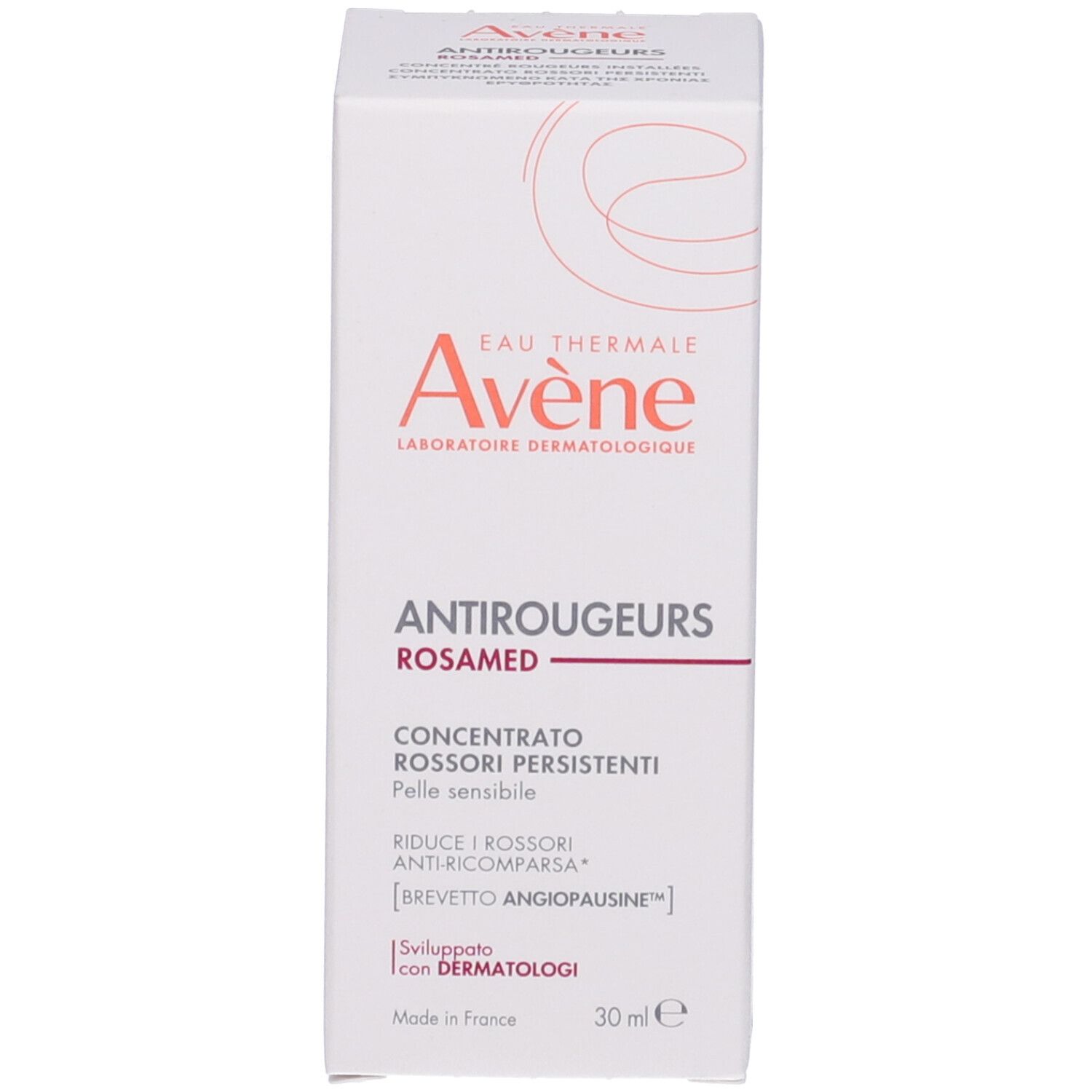 Confezione del prodotto. Marchio e nome visibili. 30 ml. Per pelli sensibili.