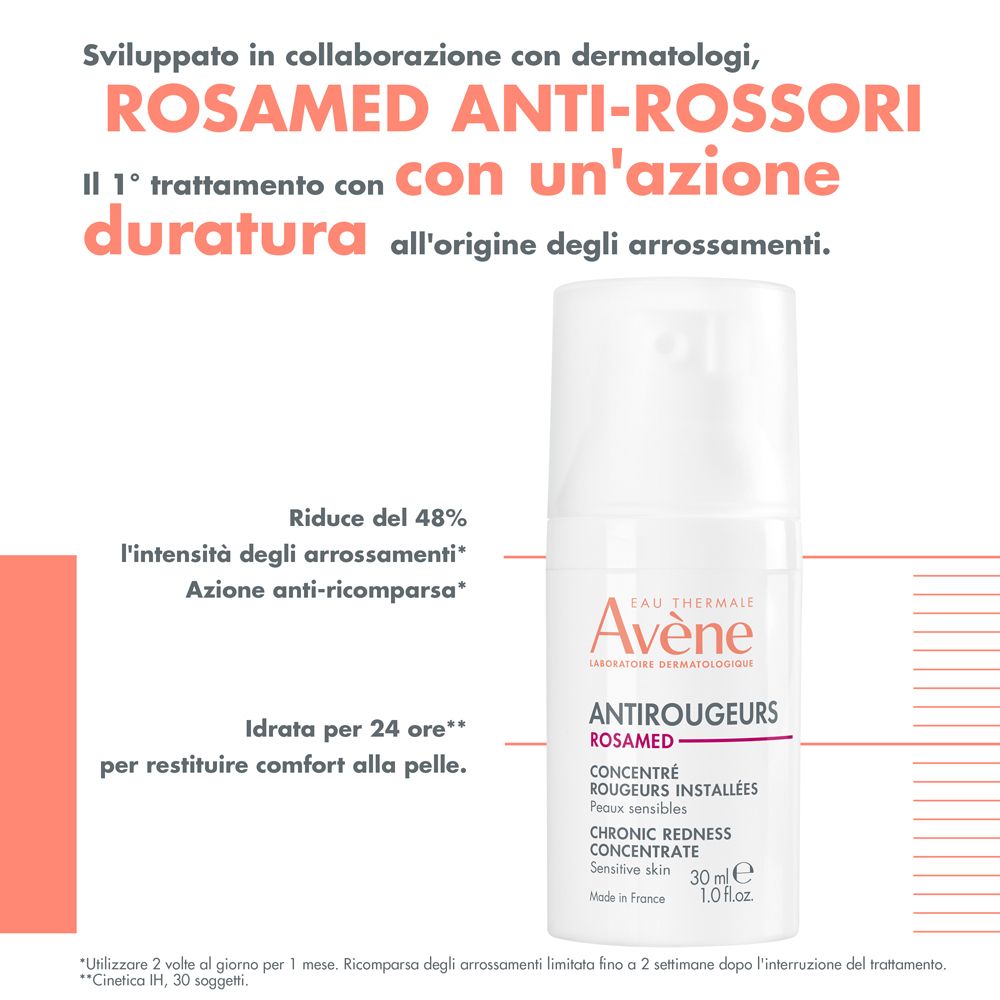 Flacone accanto al testo. Riduce il rossore del 48%. Per pelli sensibili.