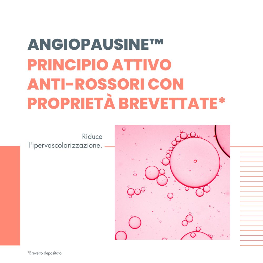 Primo piano di liquido rosa con bolle. Testo: Angiopausine, anti-rossore.