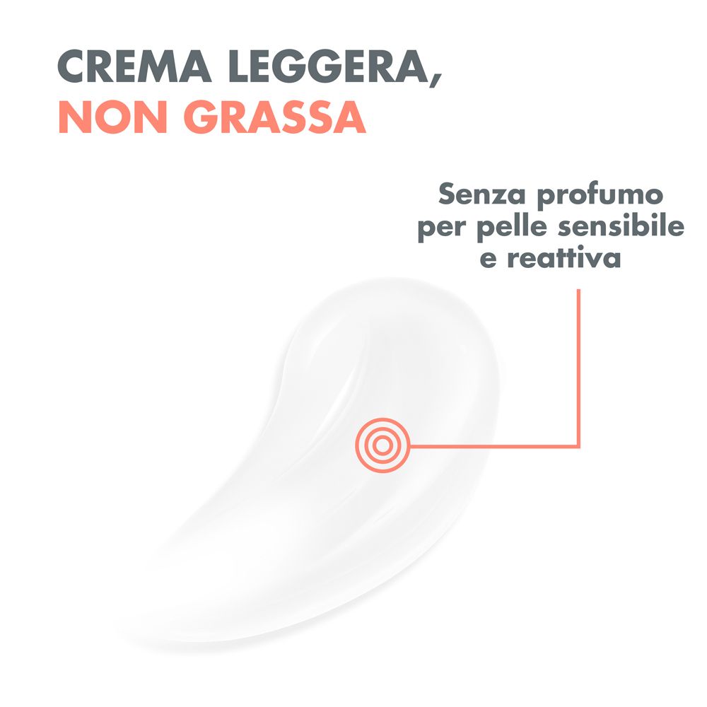 Prodotto bianco con testo. Non grasso, senza profumo. Per pelli sensibili.