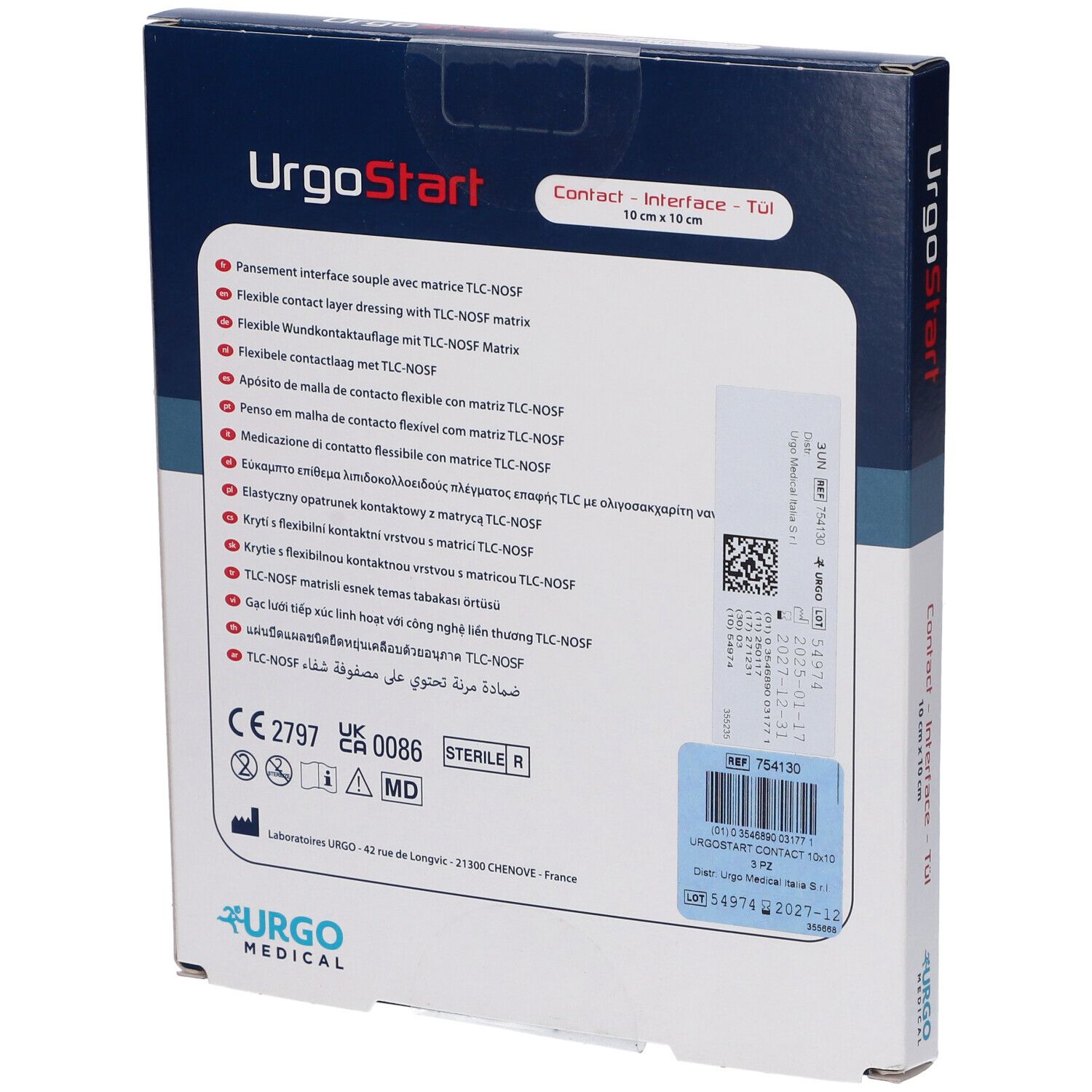 Rückseite der UrgoStart Contact Interface Verpackung. CE 2797, steril, 10x10 cm.