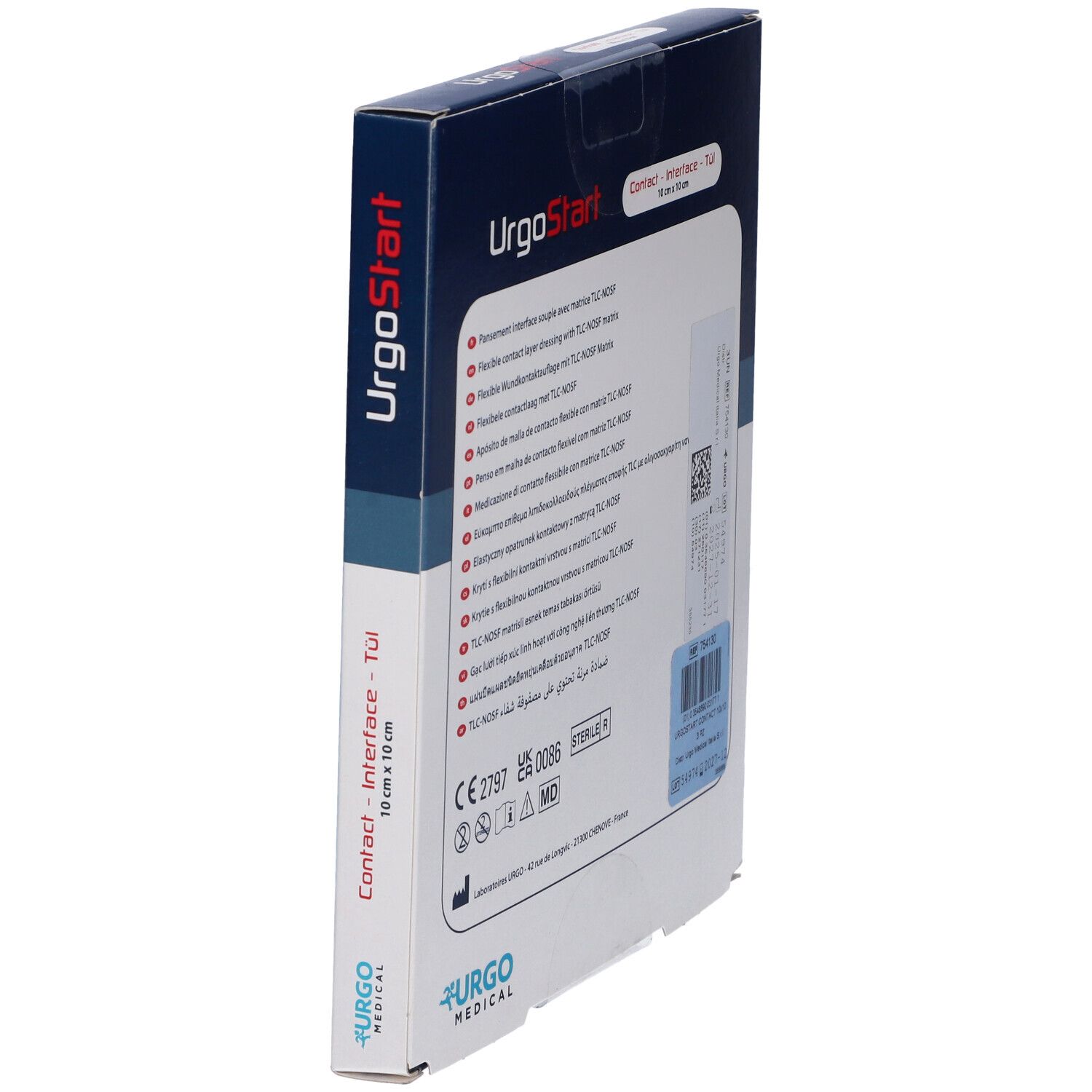 Seite der UrgoStart Contact Interface Verpackung. CE 2797, steril, 10x10 cm.