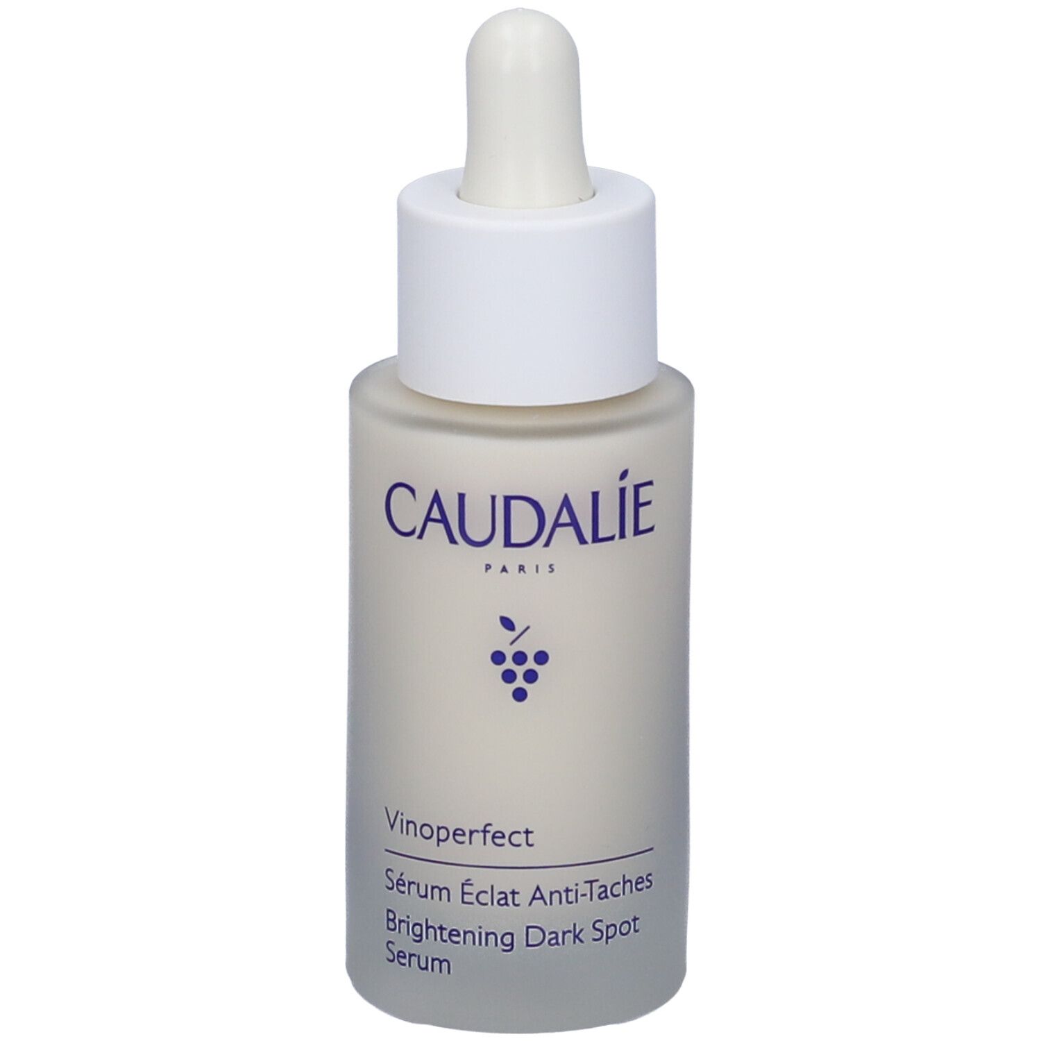 Flacone di siero Caudalie Vinoperfect con pipetta. Etichetta bianca, logo e testo viola. Scritta: Brightening Dark Spot Serum.