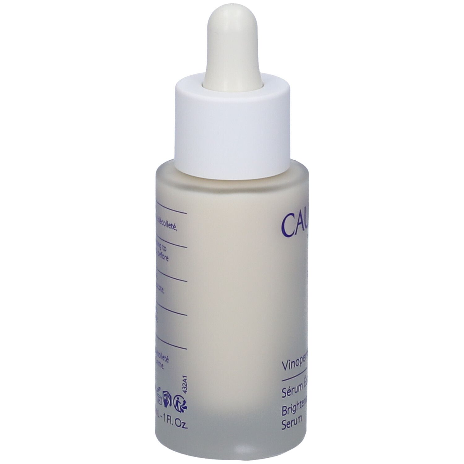 Retro del flacone di siero Caudalie Vinoperfect. Testo bianco su sfondo bianco. Testo multilingue. Ingredienti.