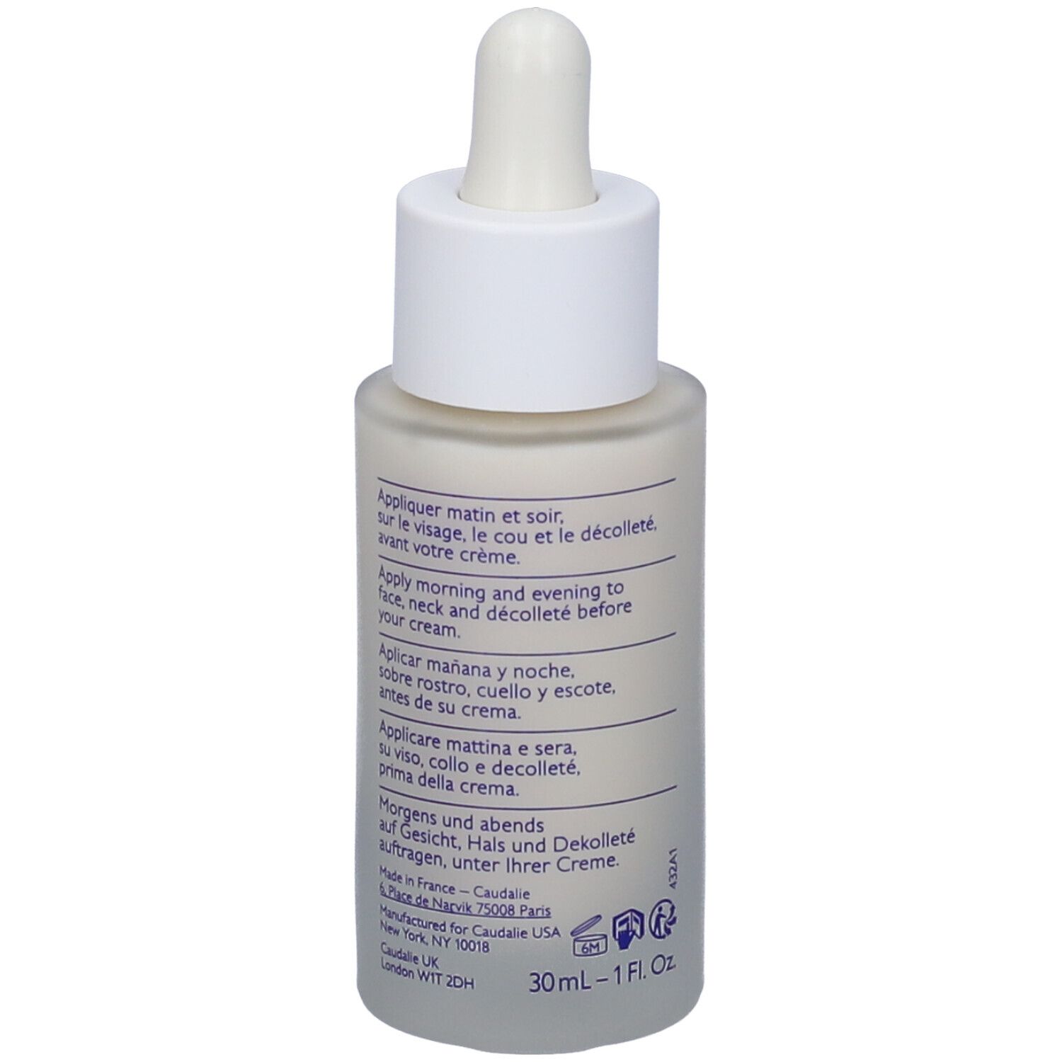 Retro del flacone di siero Caudalie Vinoperfect. Testo bianco su sfondo bianco. Istruzioni per l'uso multilingue.