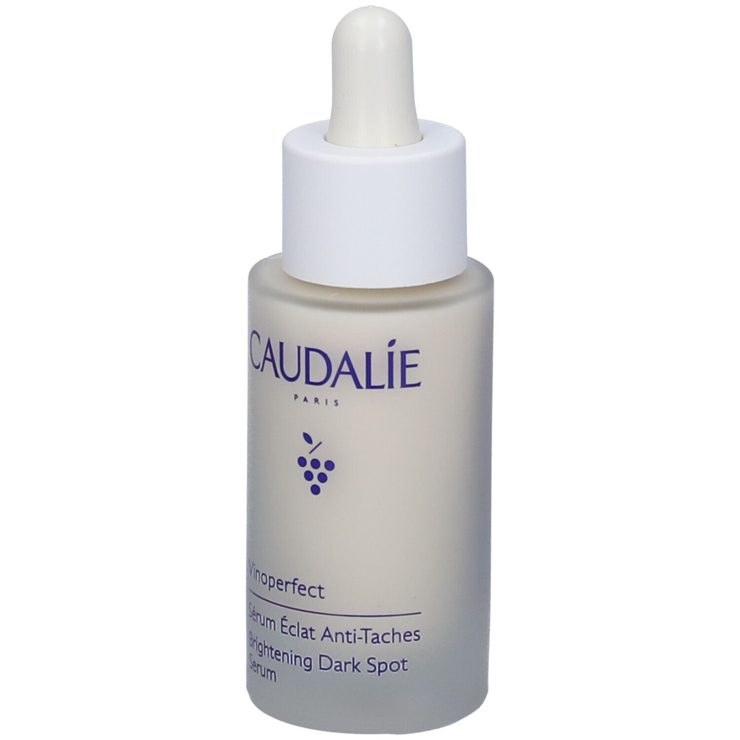 Flacone di siero Caudalie Vinoperfect con pipetta. Etichetta bianca, logo e testo viola. Scritta: Brightening Dark Spot Serum.