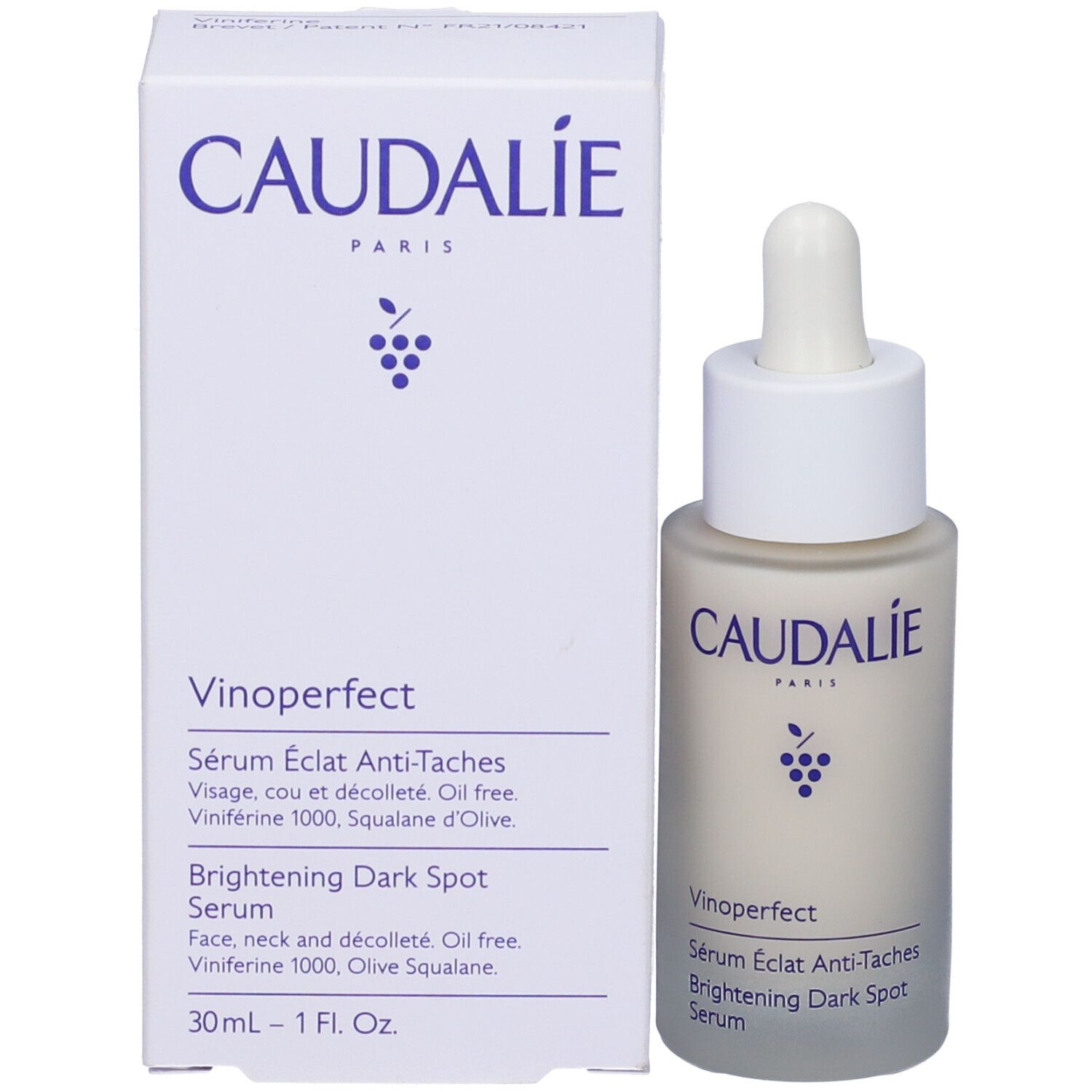 Siero Caudalie Vinoperfect e confezione. Scatola bianca con logo e testo viola. Scritta: Brightening Dark Spot Serum.