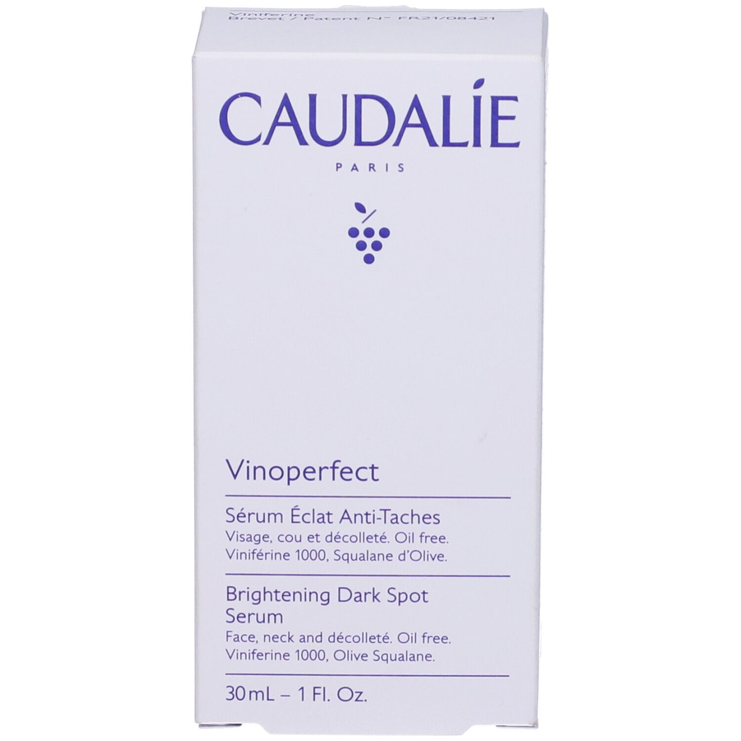 Confezione del siero Caudalie Vinoperfect. Scatola bianca con logo e testo viola. Scritta: Brightening Dark Spot Serum.
