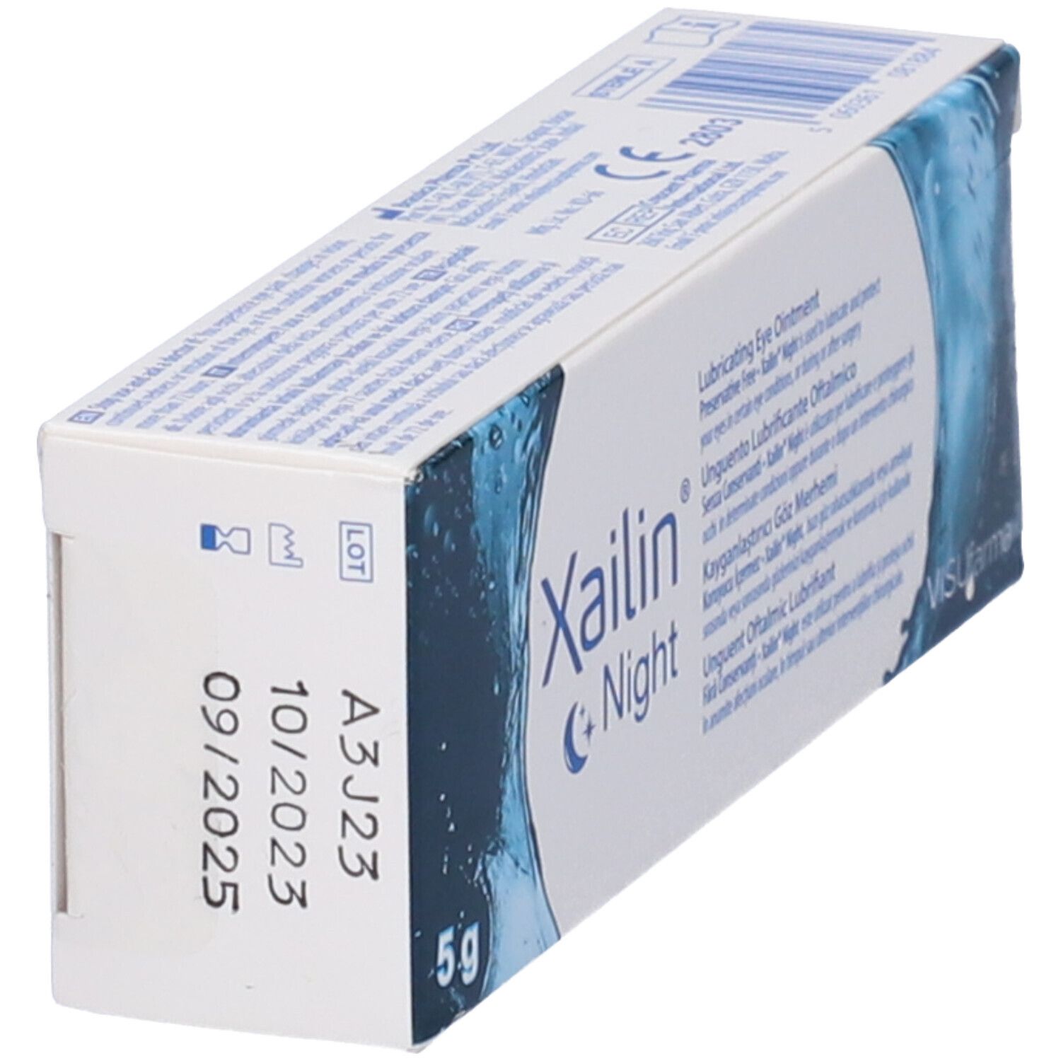 Schachtel Xailin Night, 5g. Seitenansicht mit Chargennummer und Verfallsdatum: 10/2023, 09/2025.