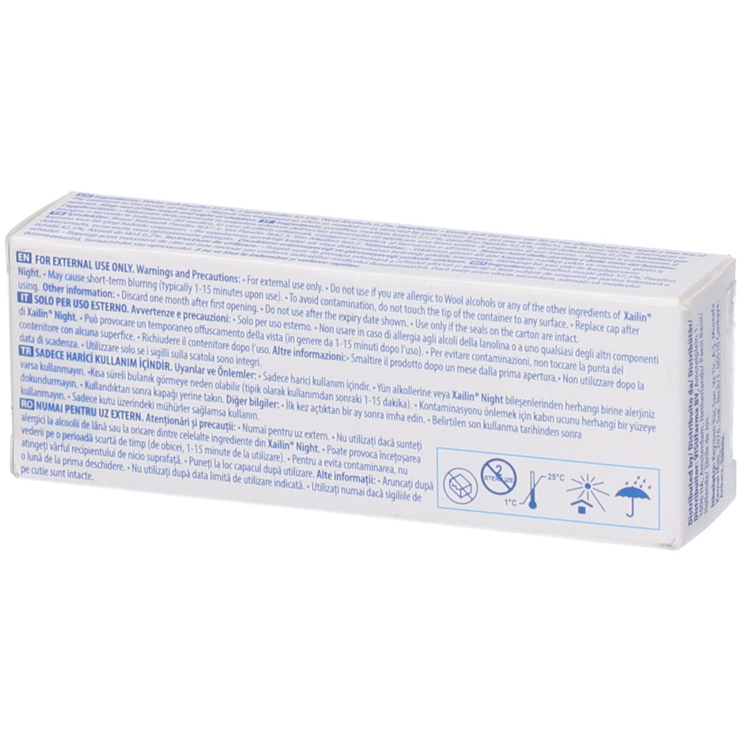 Rückseite der Xailin Night-Schachtel. Text in mehreren Sprachen, Warnhinweise und Vorsichtsmaßnahmen.