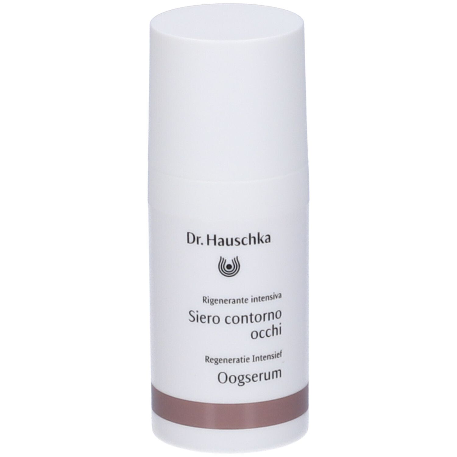 Flacone bianco con fascia marrone. Scritta: Dr. Hauschka, Siero contorno occhi, Oogserum.