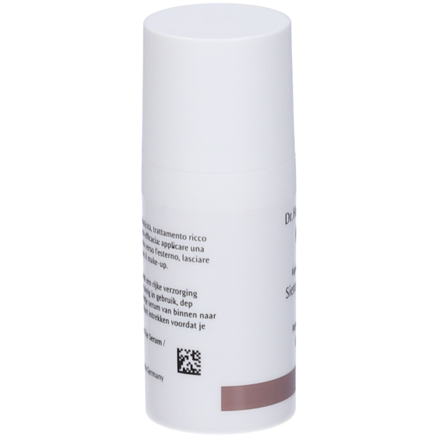 Flacone bianco con testo. Scritta: Dr. Hauschka, Siero contorno occhi, Oogserum. Codice QR.